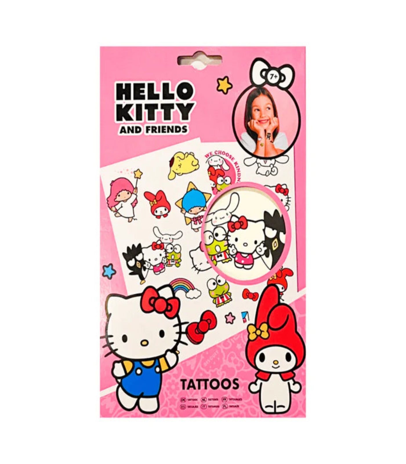 Hello Kitty and friends tattoos packaging on a pink background