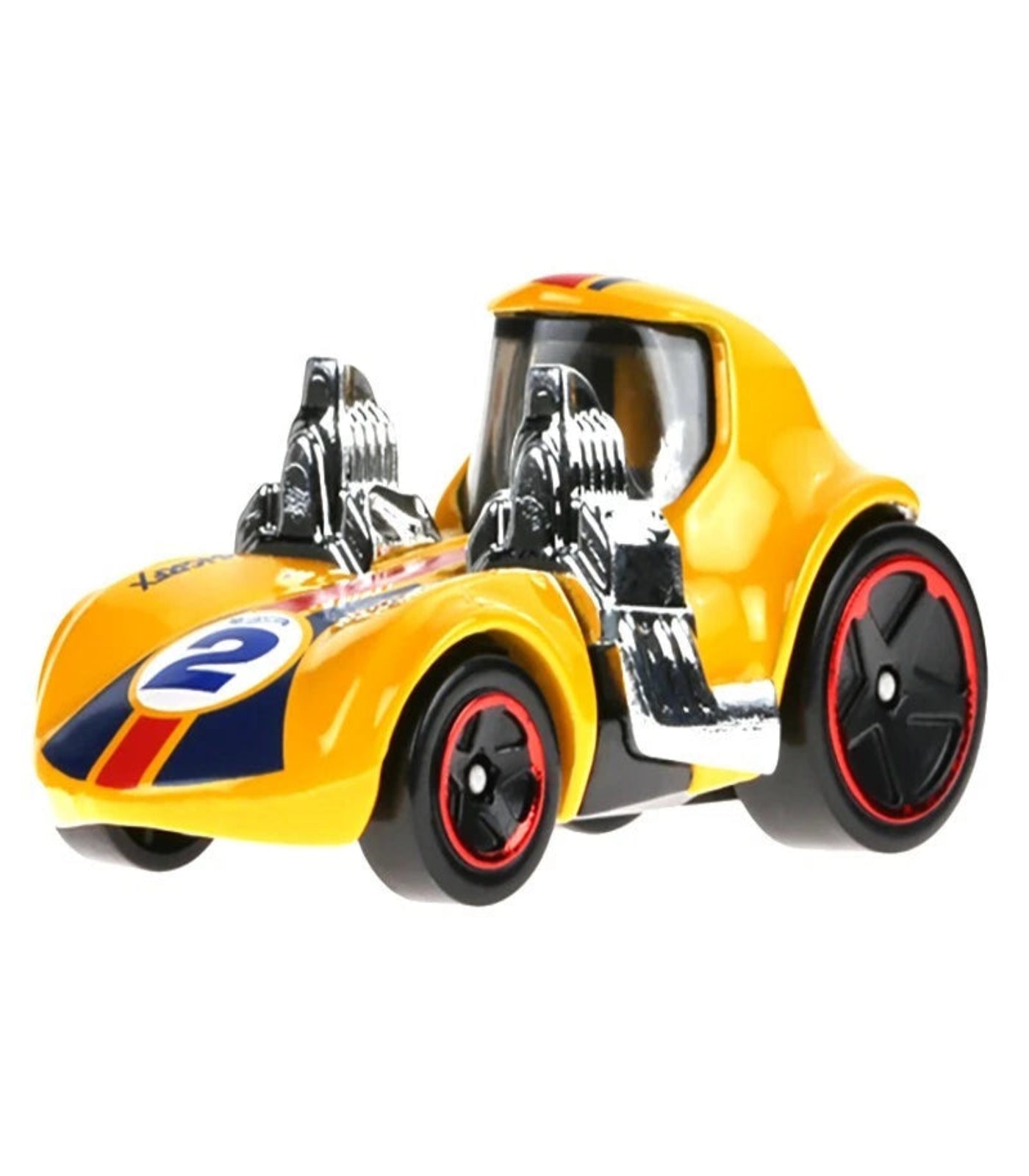 Yellow toy race car with red accents on a white background