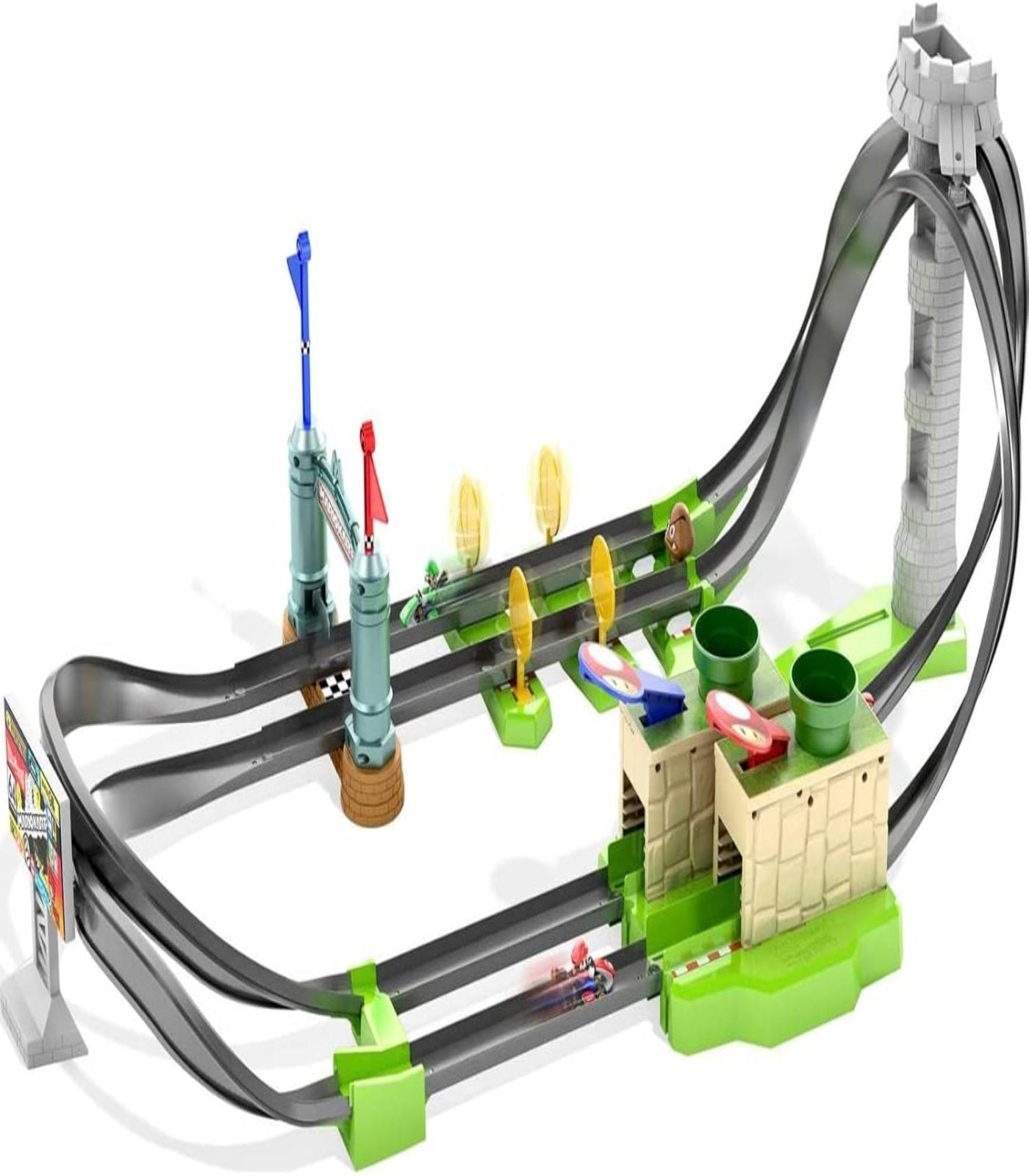 Toy track set with various accessories on a white background