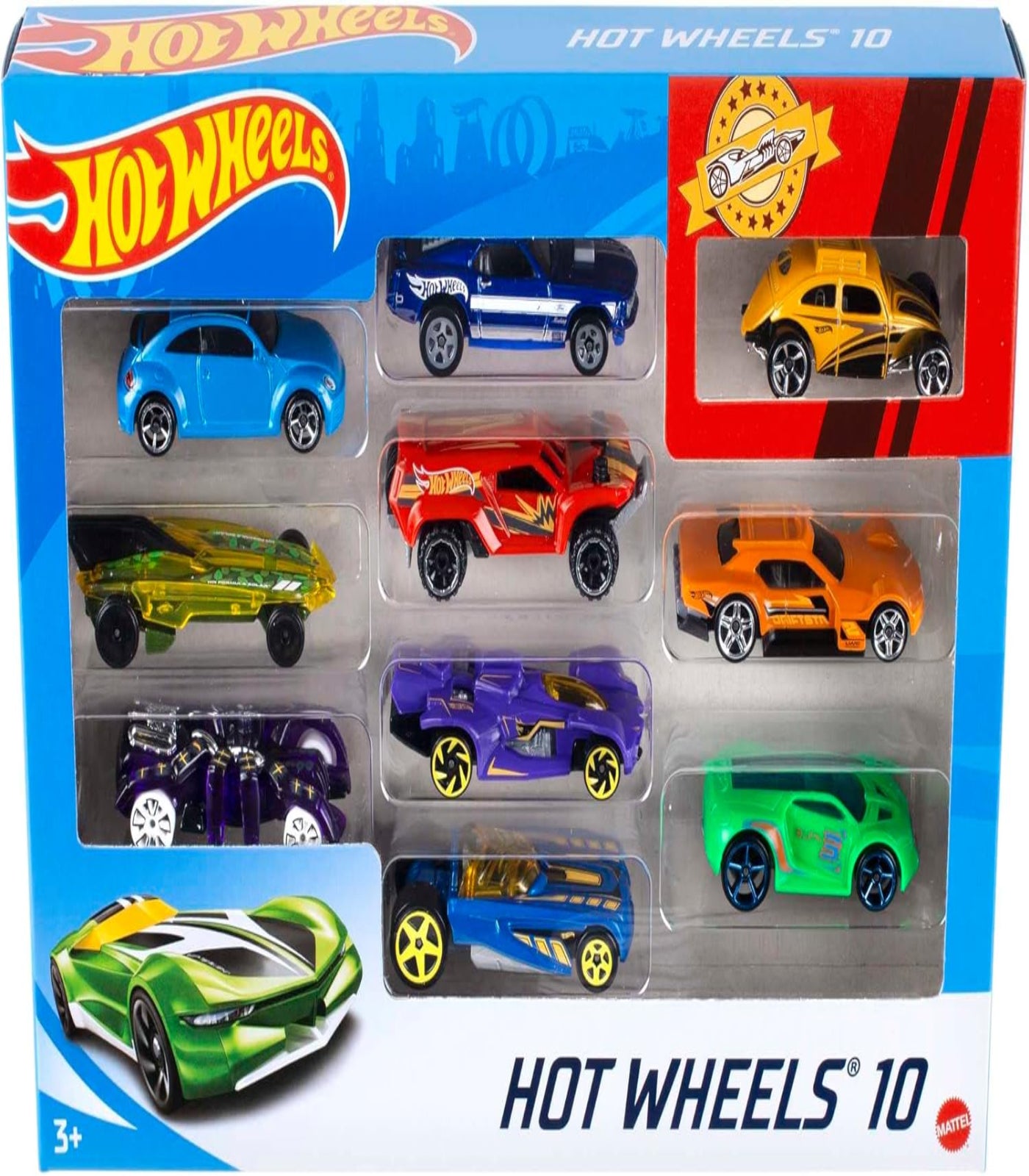 Hot Wheels toy car set in packaging with multiple cars displayed