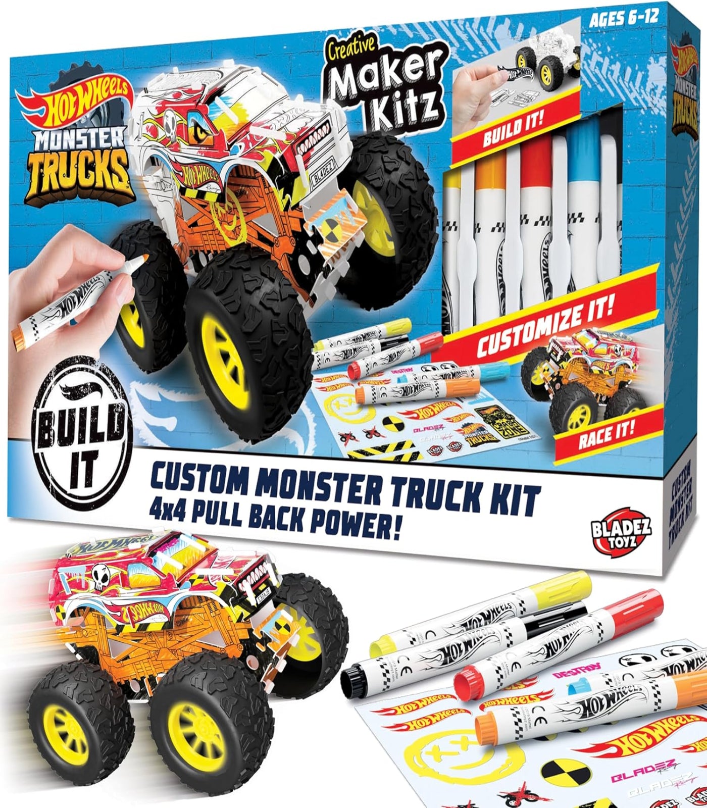 Hot Wheels Monster Trucks Custom Monster Truck Kit packaging with markers and toy truck illustration.