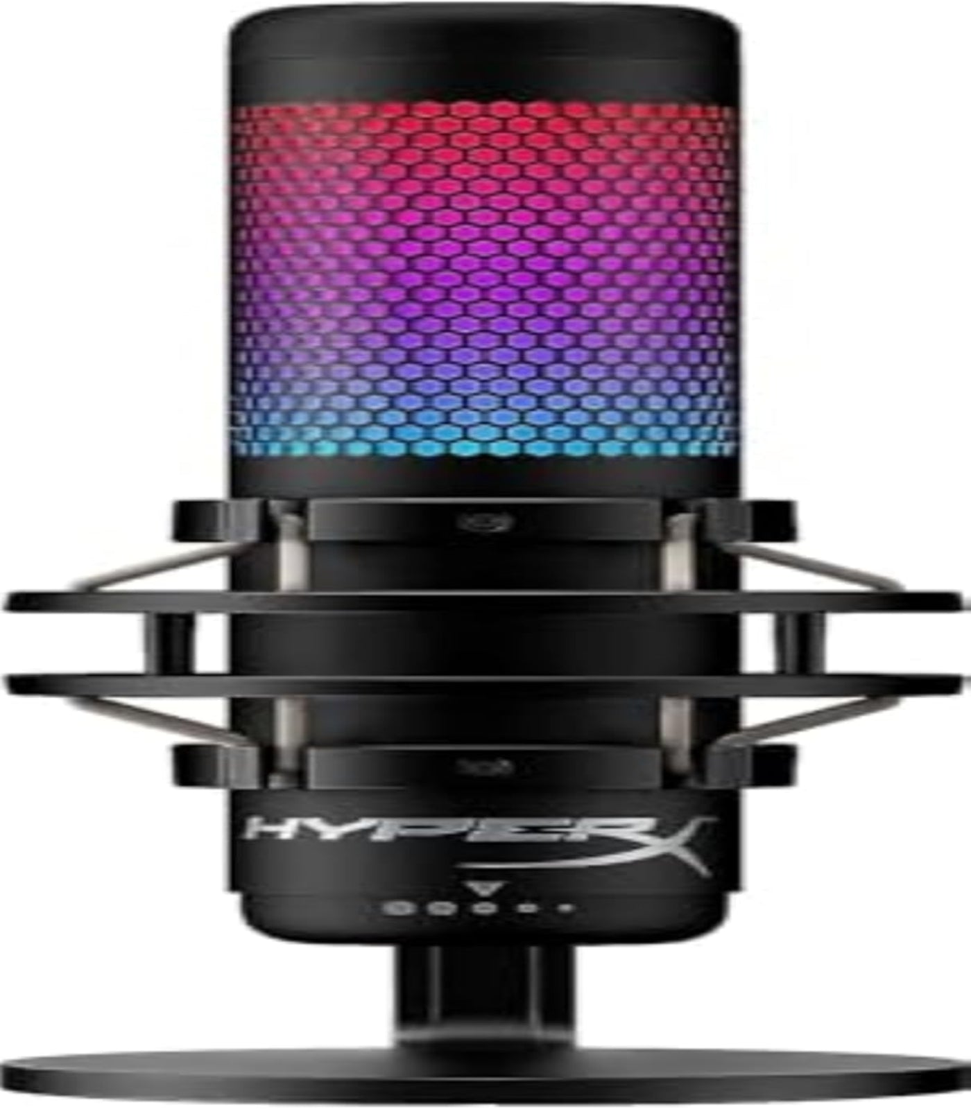 Black microphone with RGB lighting on a white background