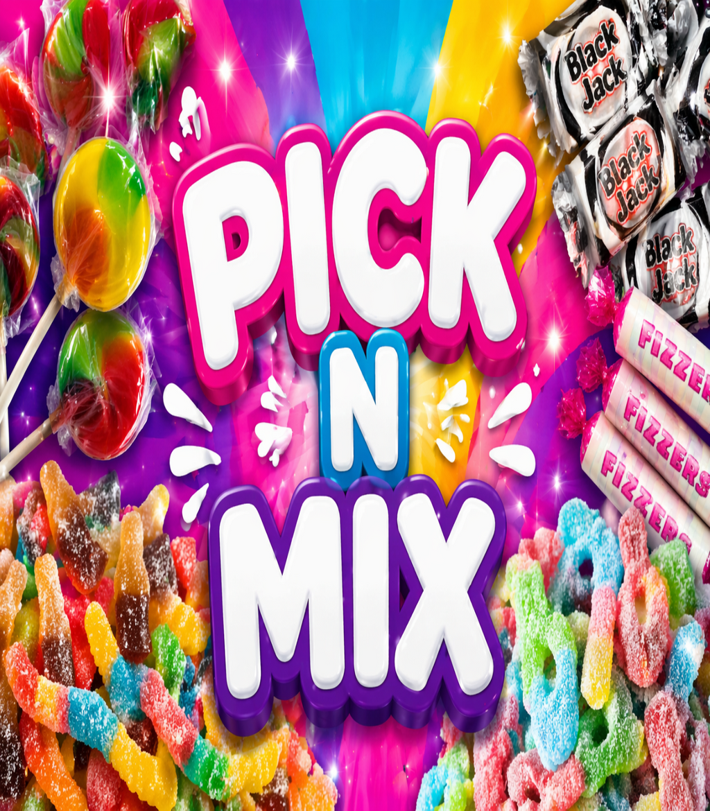 Colorful candy assortment with 'Pick N Mix' text on a vibrant background