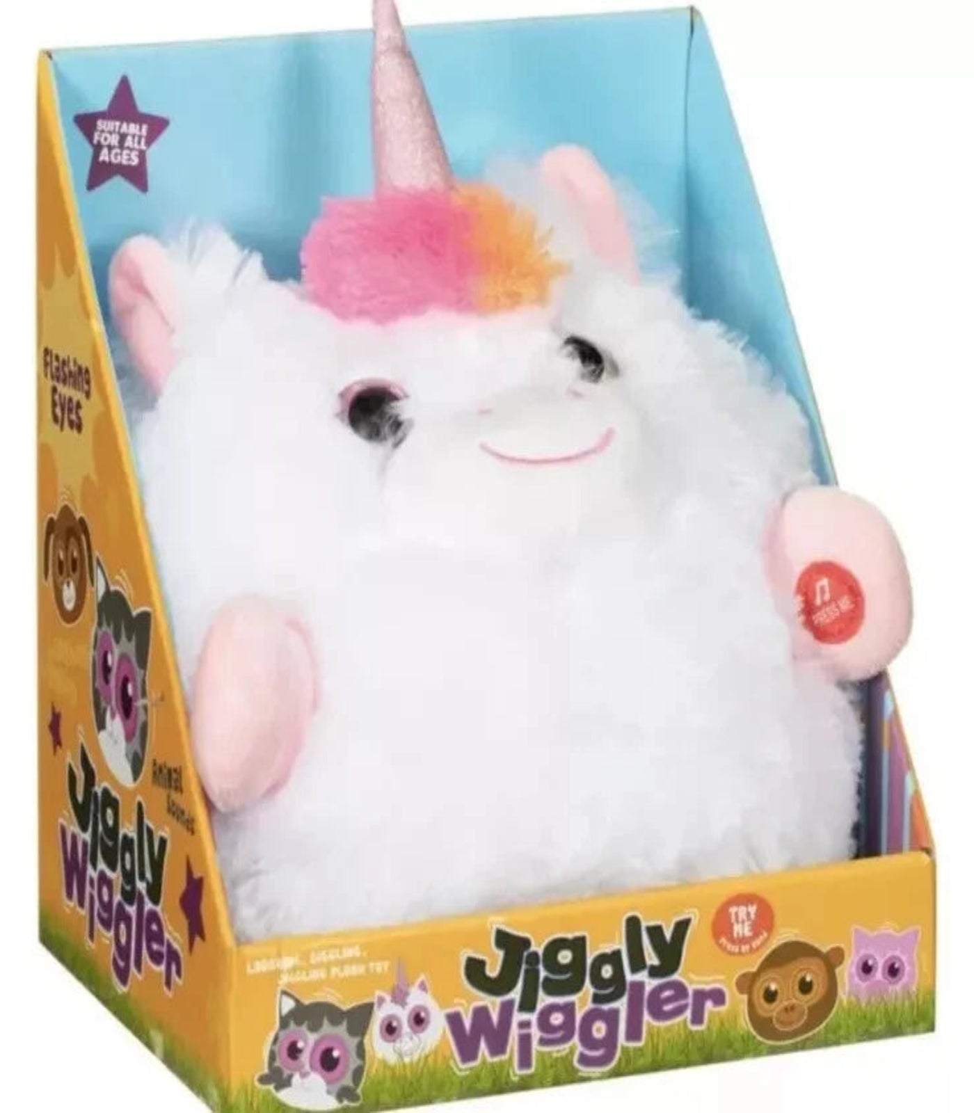Plush toy with unicorn design in a colorful box packaging