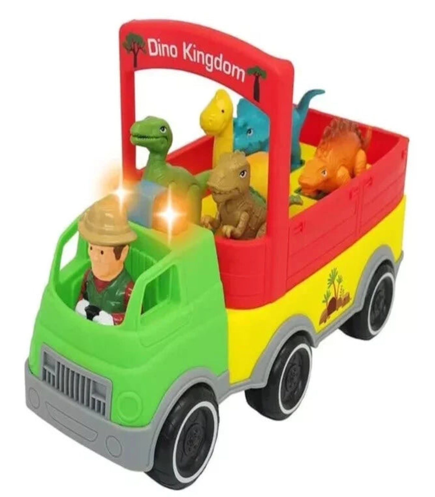 Toy truck with colorful dinosaurs and a driver figure on a white background