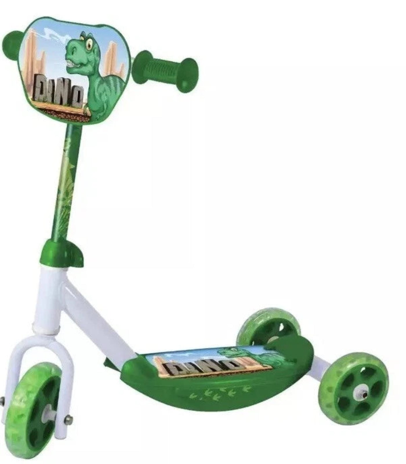 Green children's scooter with dinosaur design on a white background