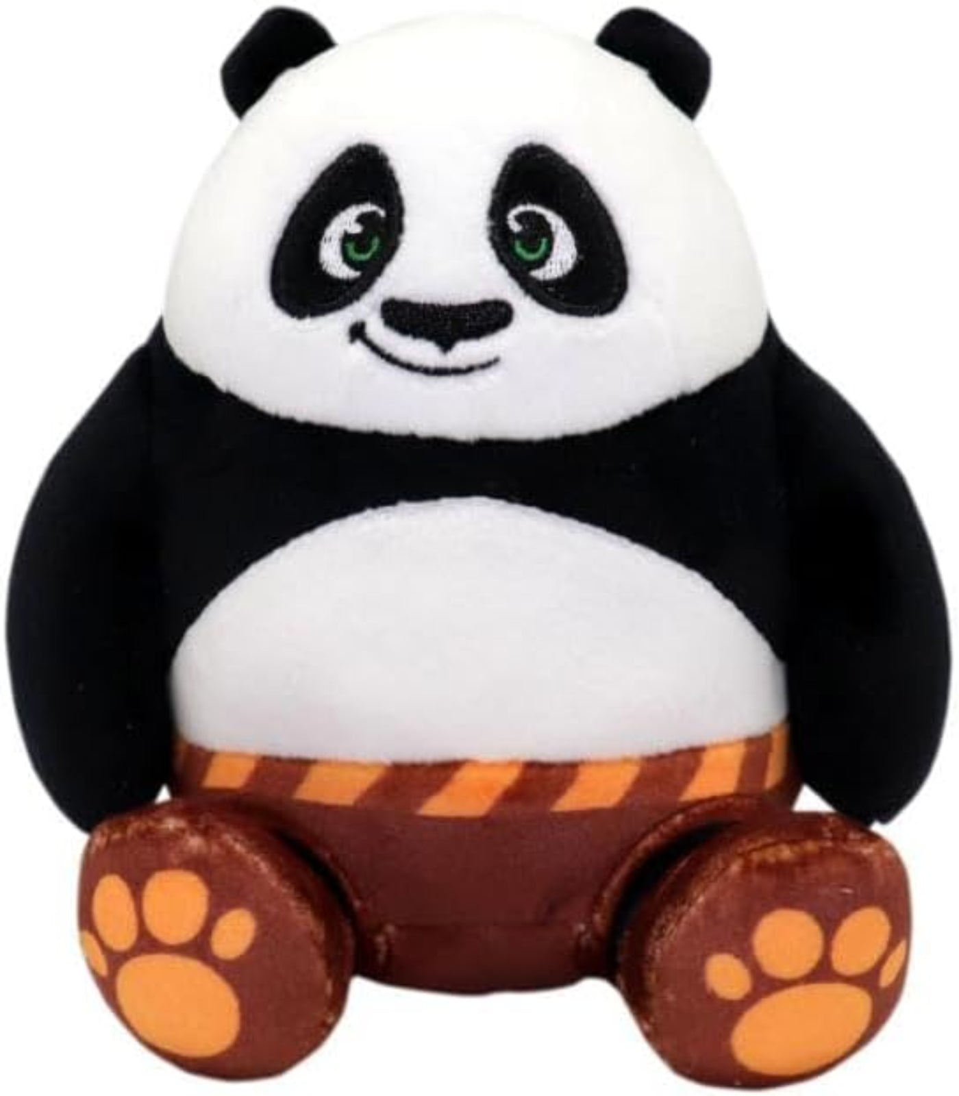 Plush toy panda with a car body on a white background