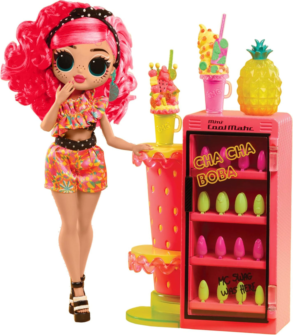 Colorful doll with pink hair next to a 'Cha Cha Boba' toy set on a white background