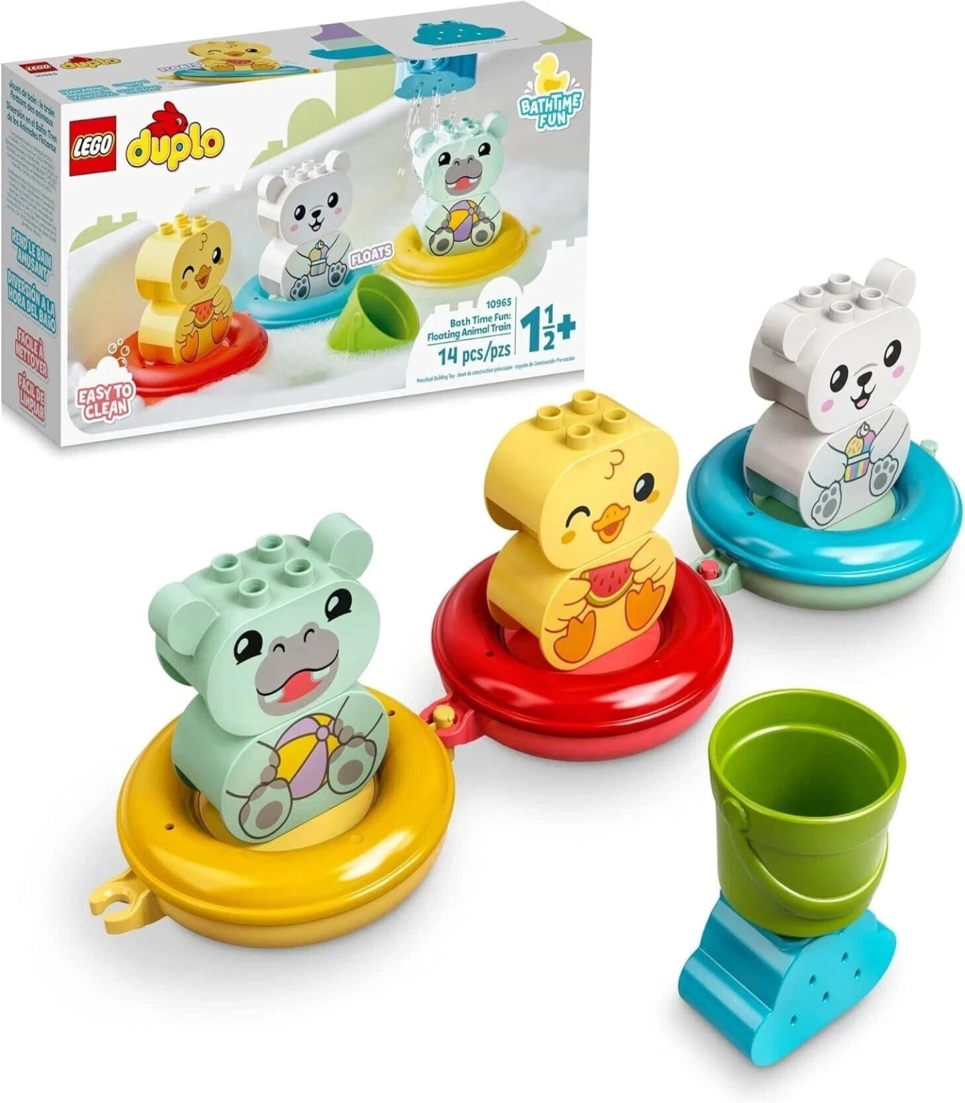 LEGO Duplo bath toy set with colorful animal figures and packaging on a white background