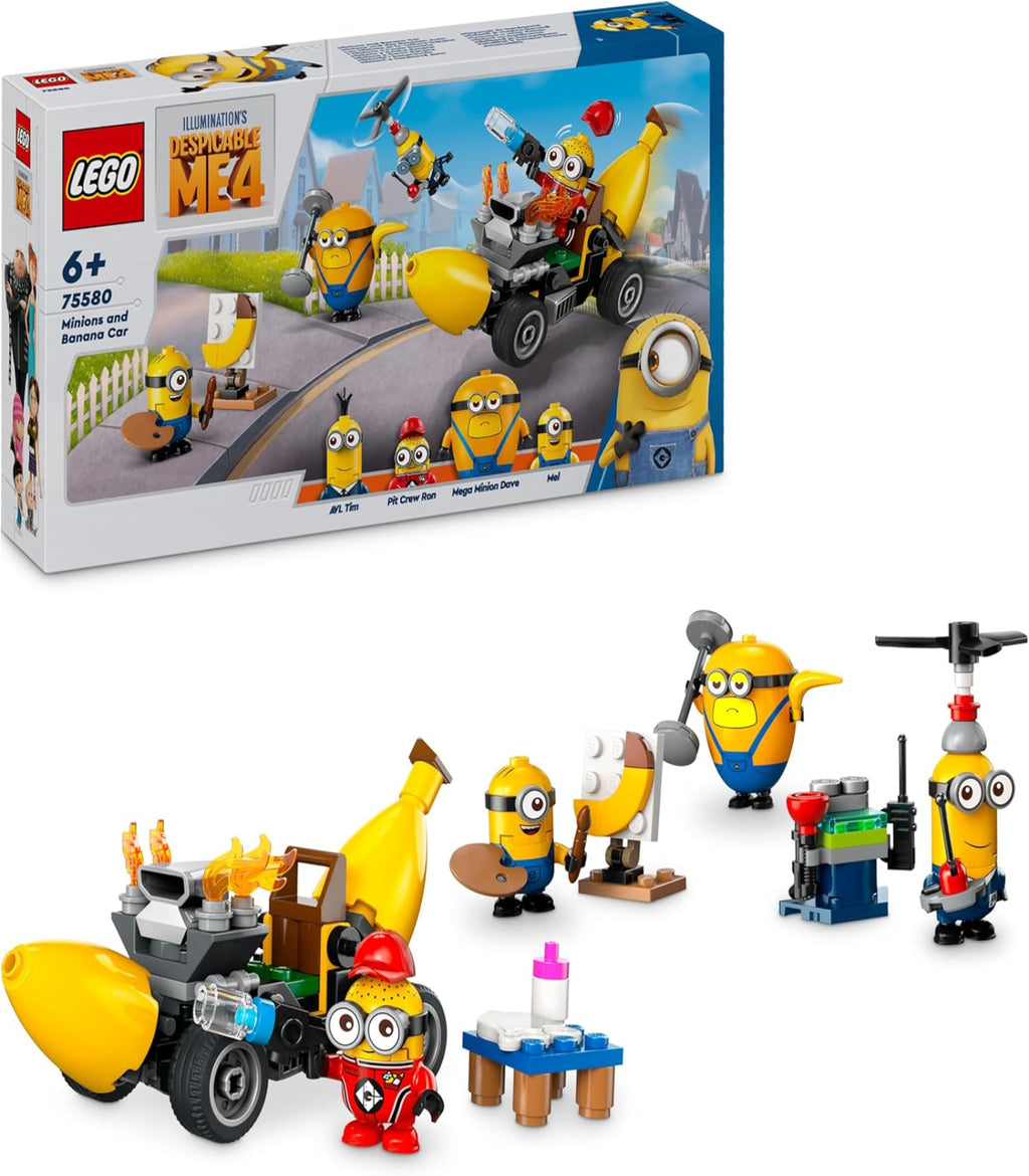 LEGO Minions set with characters and vehicles on a white background