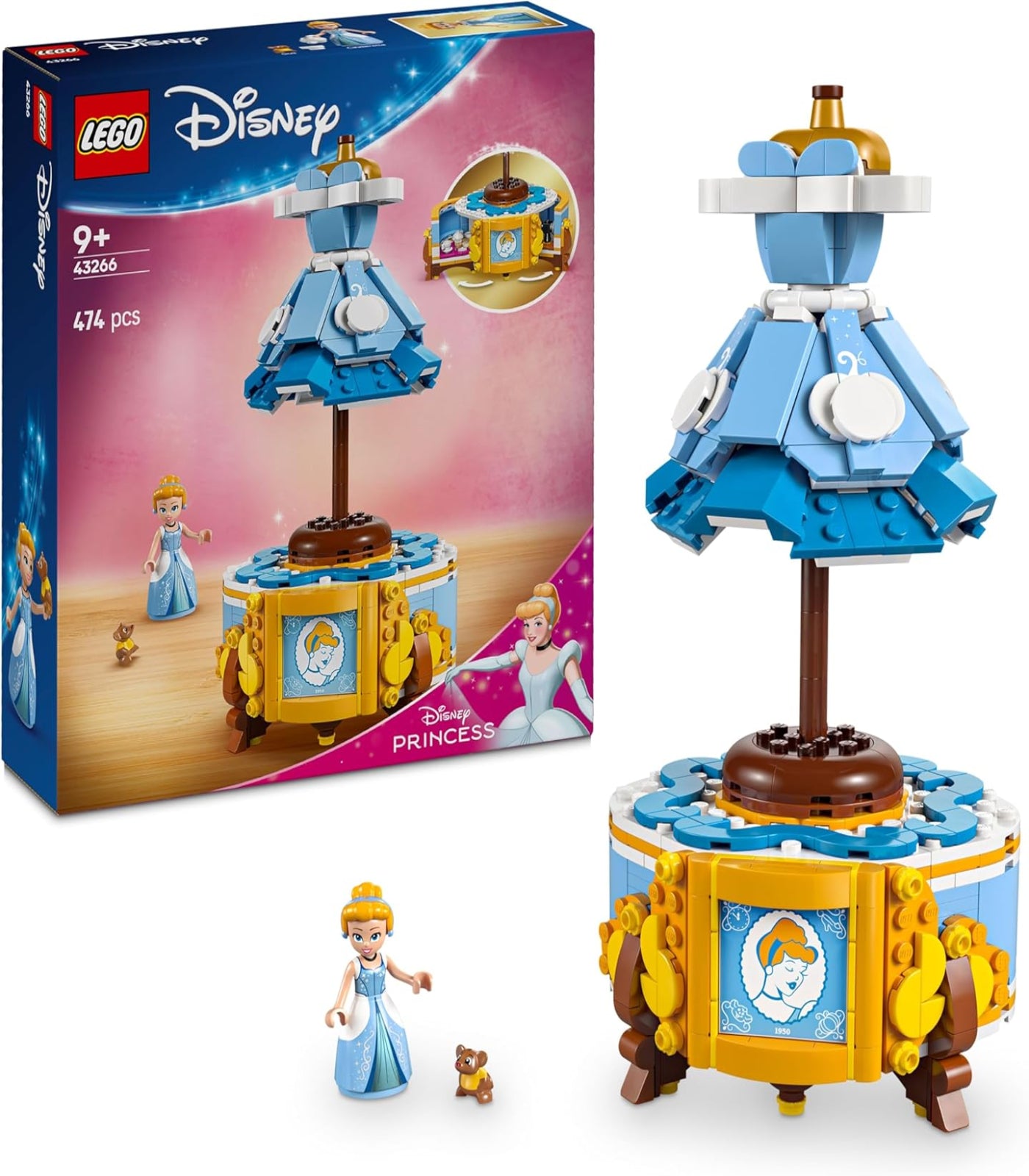 LEGO Disney Princess Cinderella musical box set with packaging and Cinderella figure.