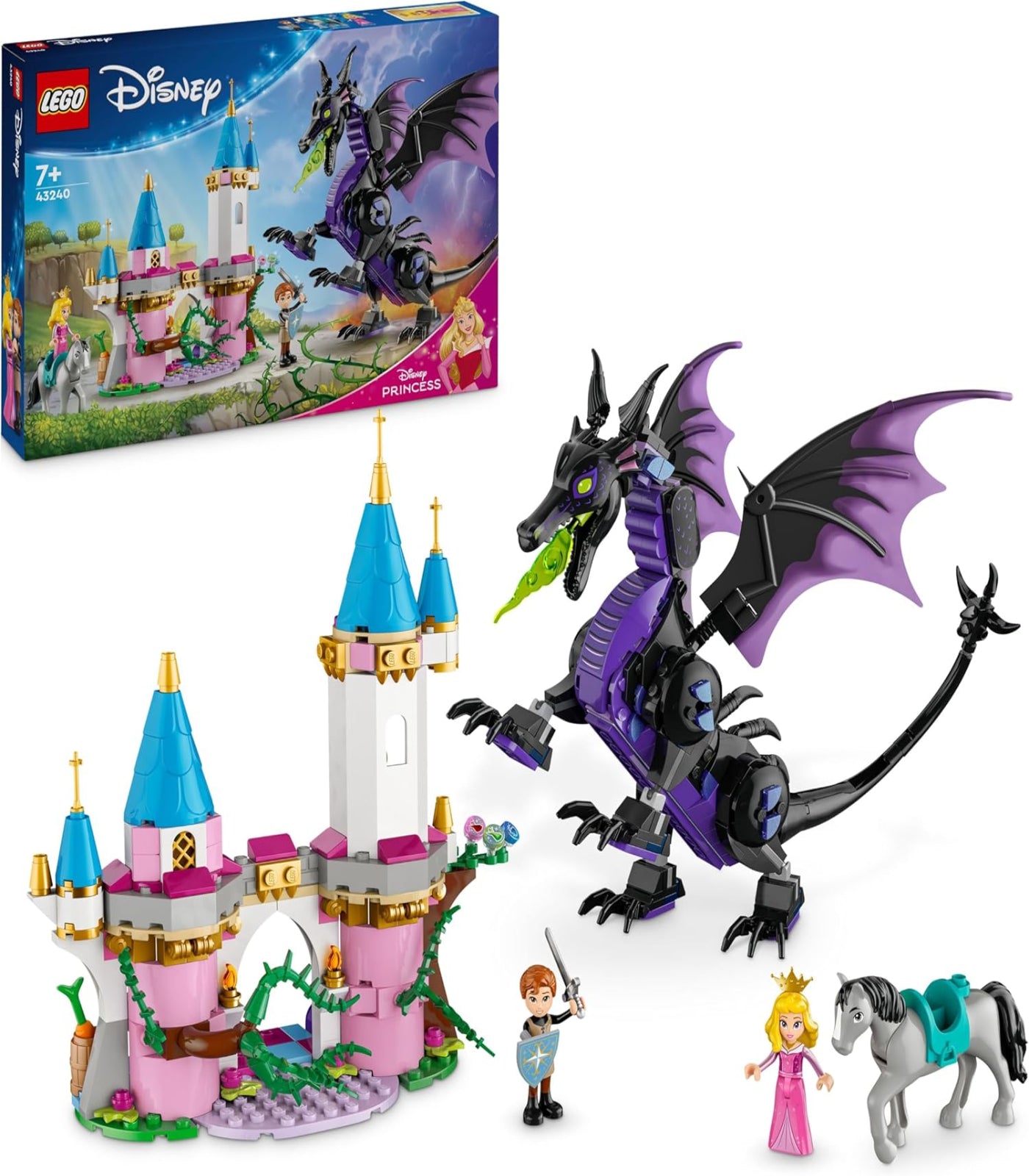LEGO Disney Princess set with castle, dragon, and characters on a white background