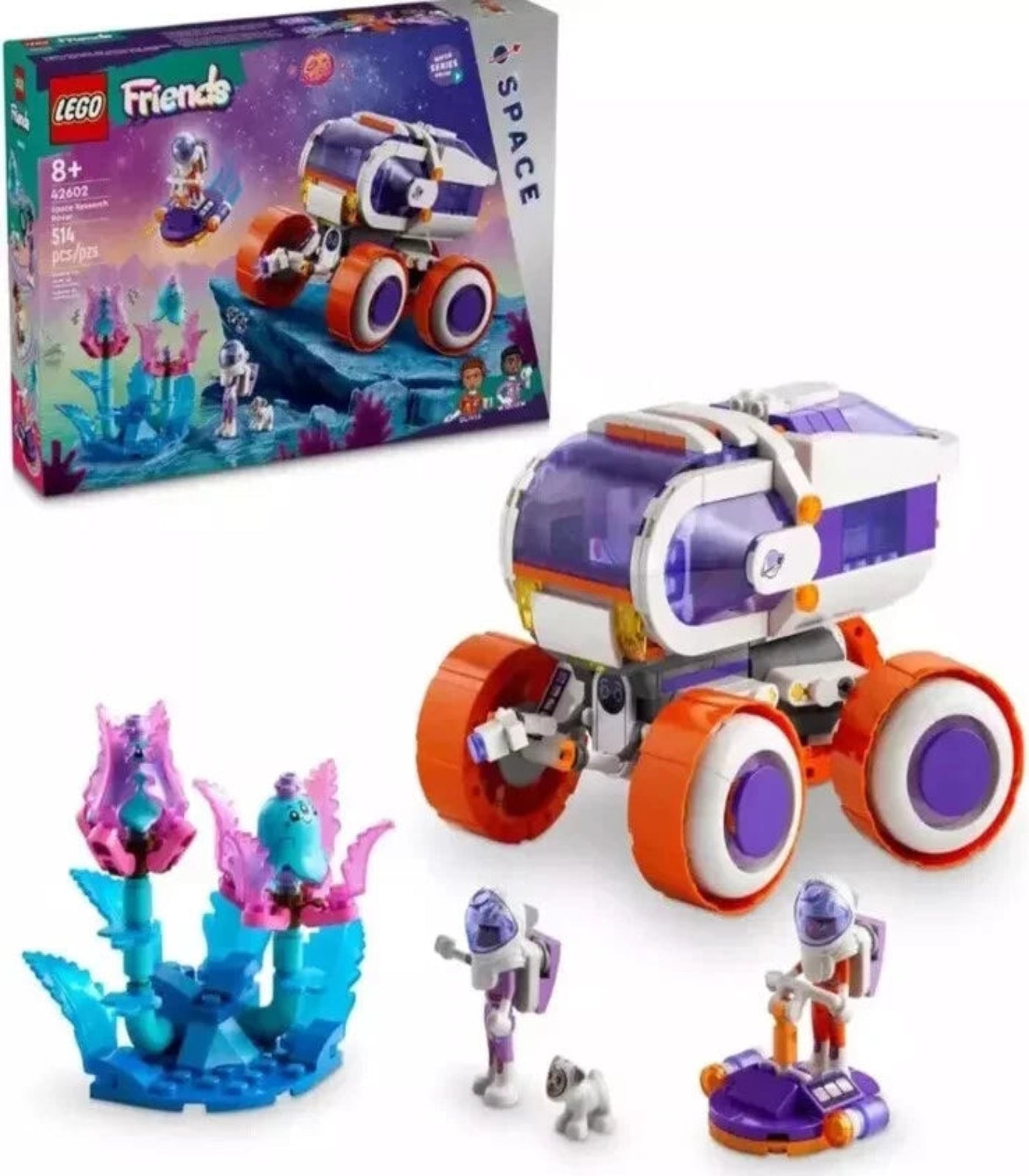 LEGO Friends space rover set with figures and packaging on a white background