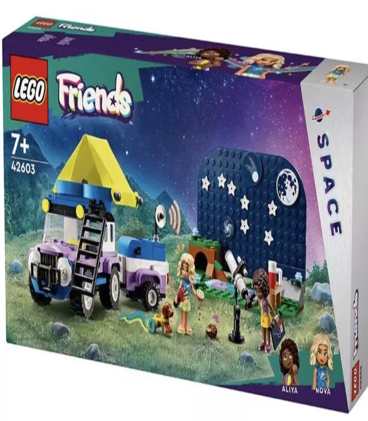 LEGO Friends space set packaging with vehicle, tent, and space-themed elements.