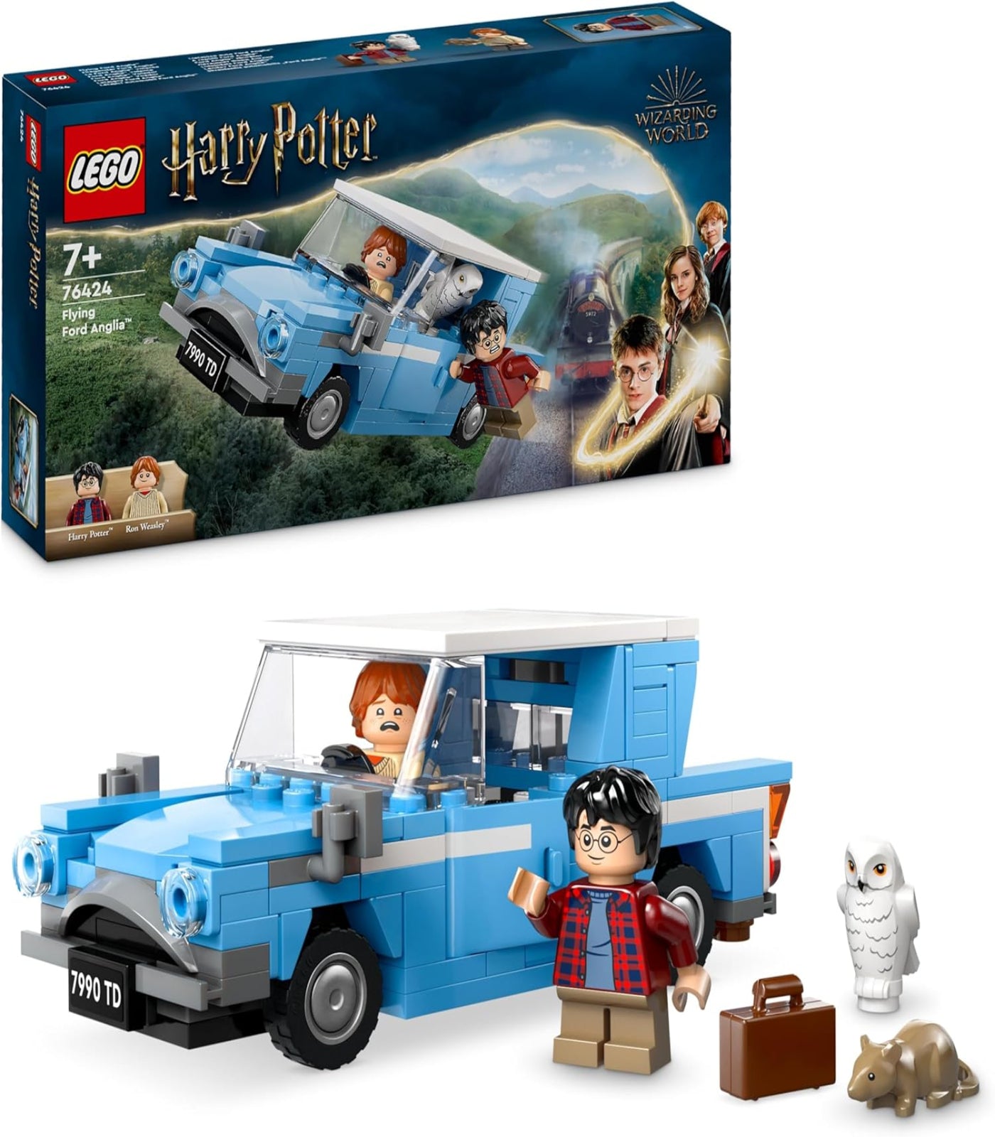 LEGO Harry Potter set with blue car, characters, and owl on a white background