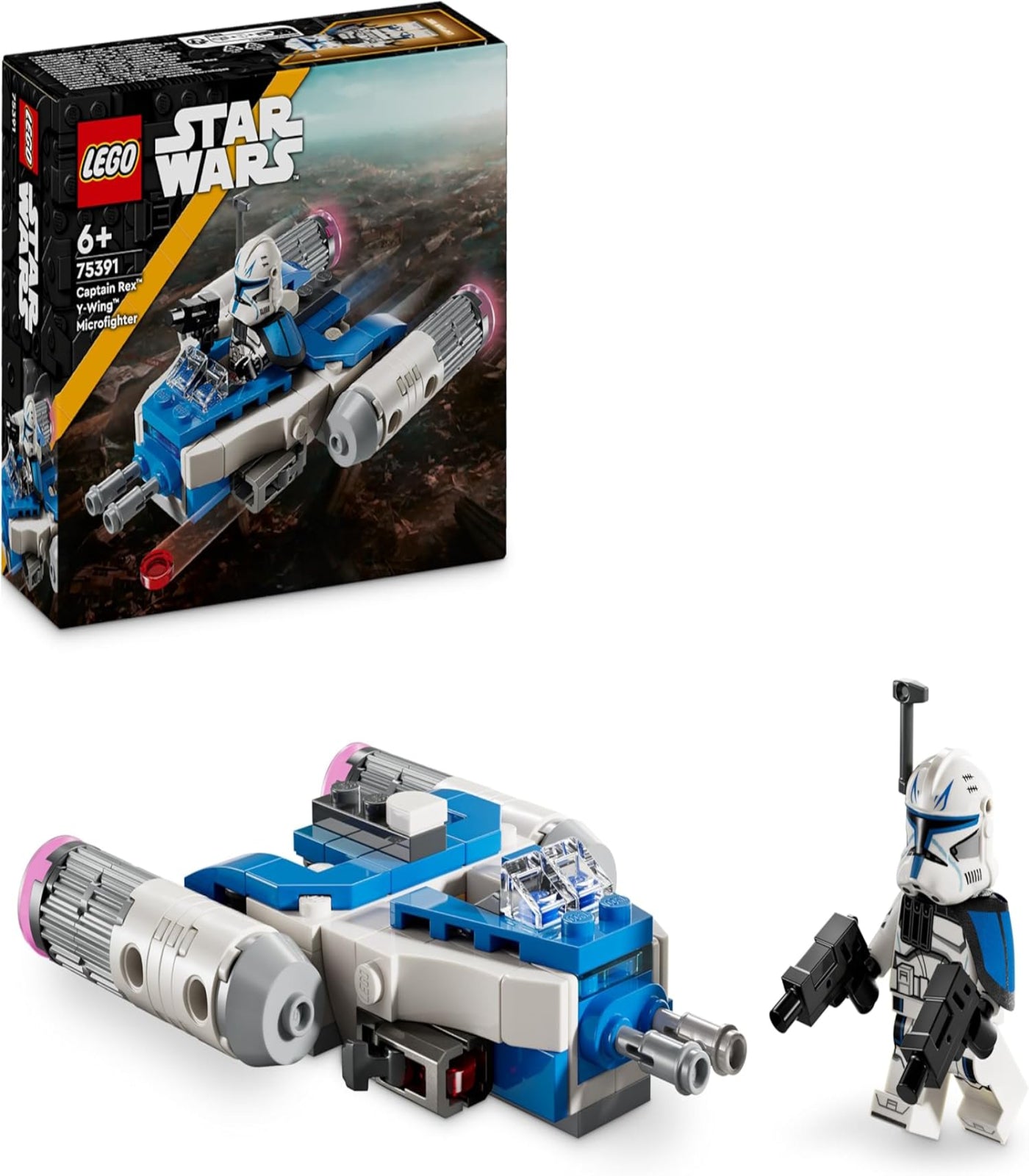 LEGO Star Wars set with Y-wing model and clone trooper figure, next to packaging.
