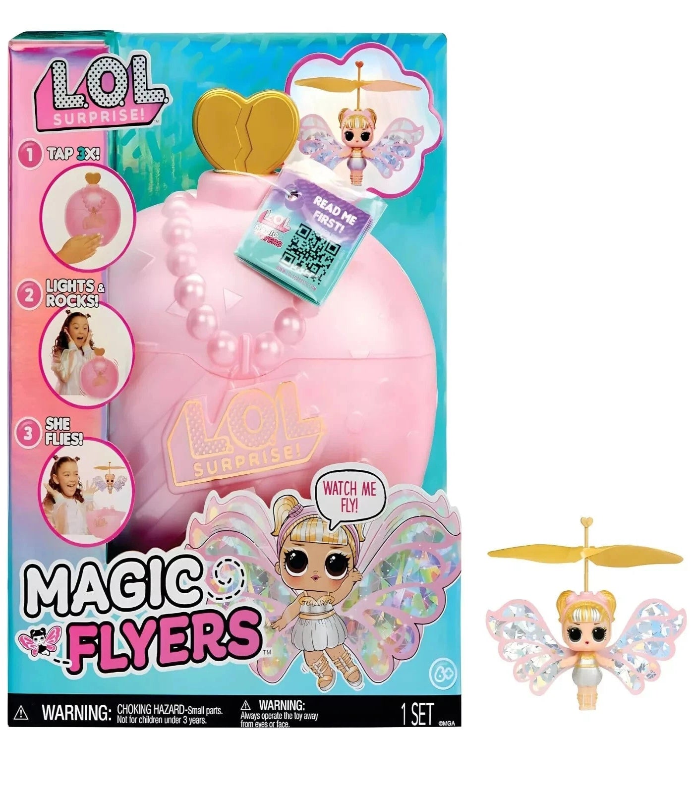LOL Surprise Magic Flyers toy set packaging with a pink character and helicopter accessory.
