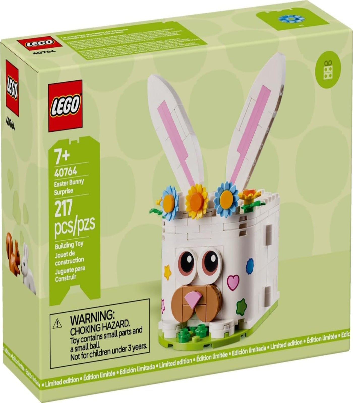 LEGO Easter Bunny Surprise set packaging with bunny ears and flowers on a green background
