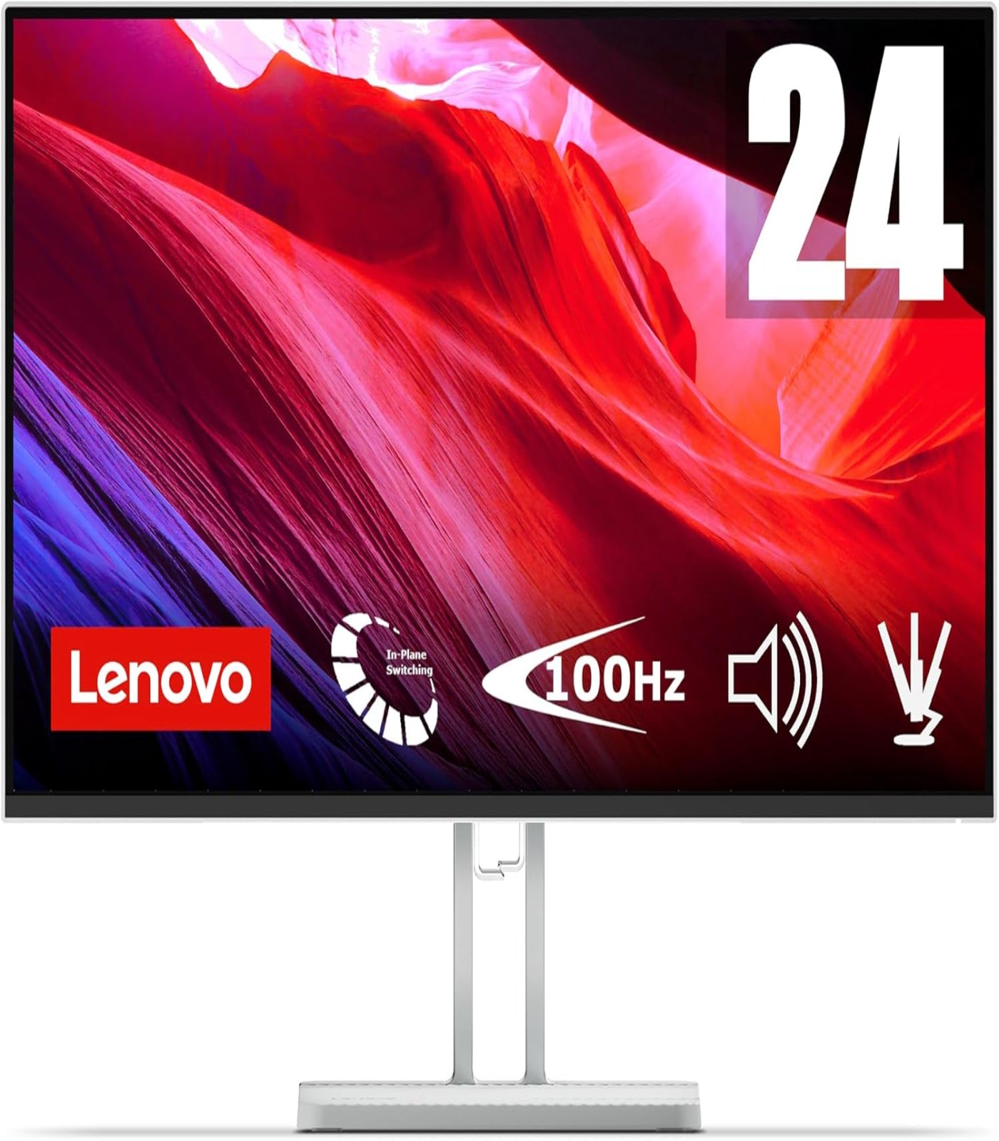 Lenovo monitor with colorful display and specifications on a white background