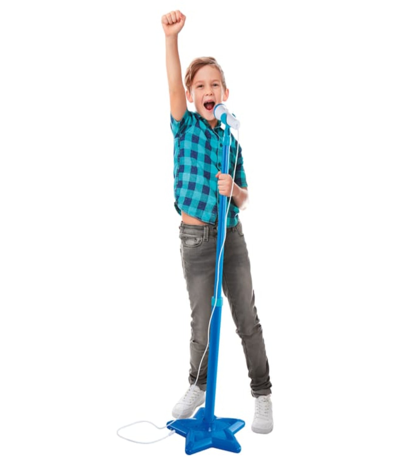 Child with a toy microphone and stand on a white background