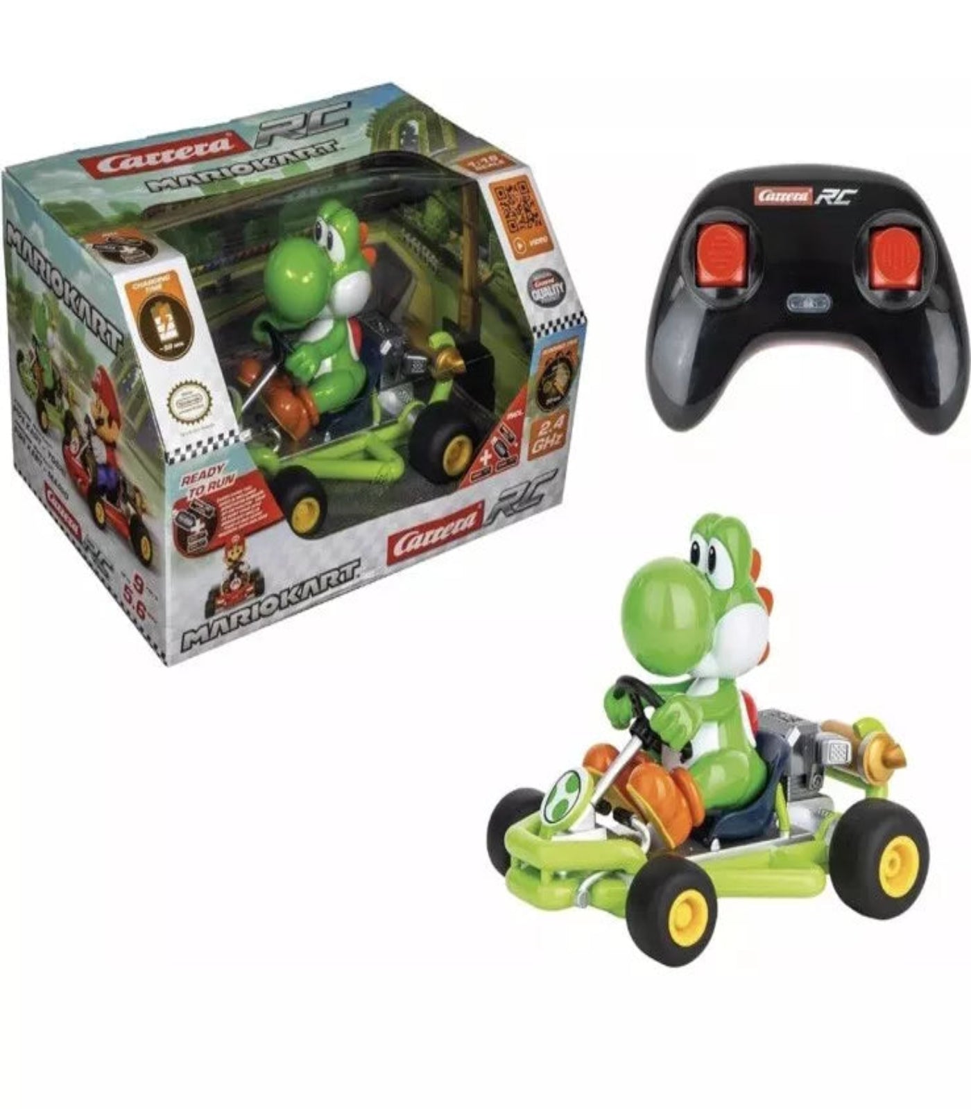 Toy car with remote control and packaging featuring Yoshi character from Mario Kart series.