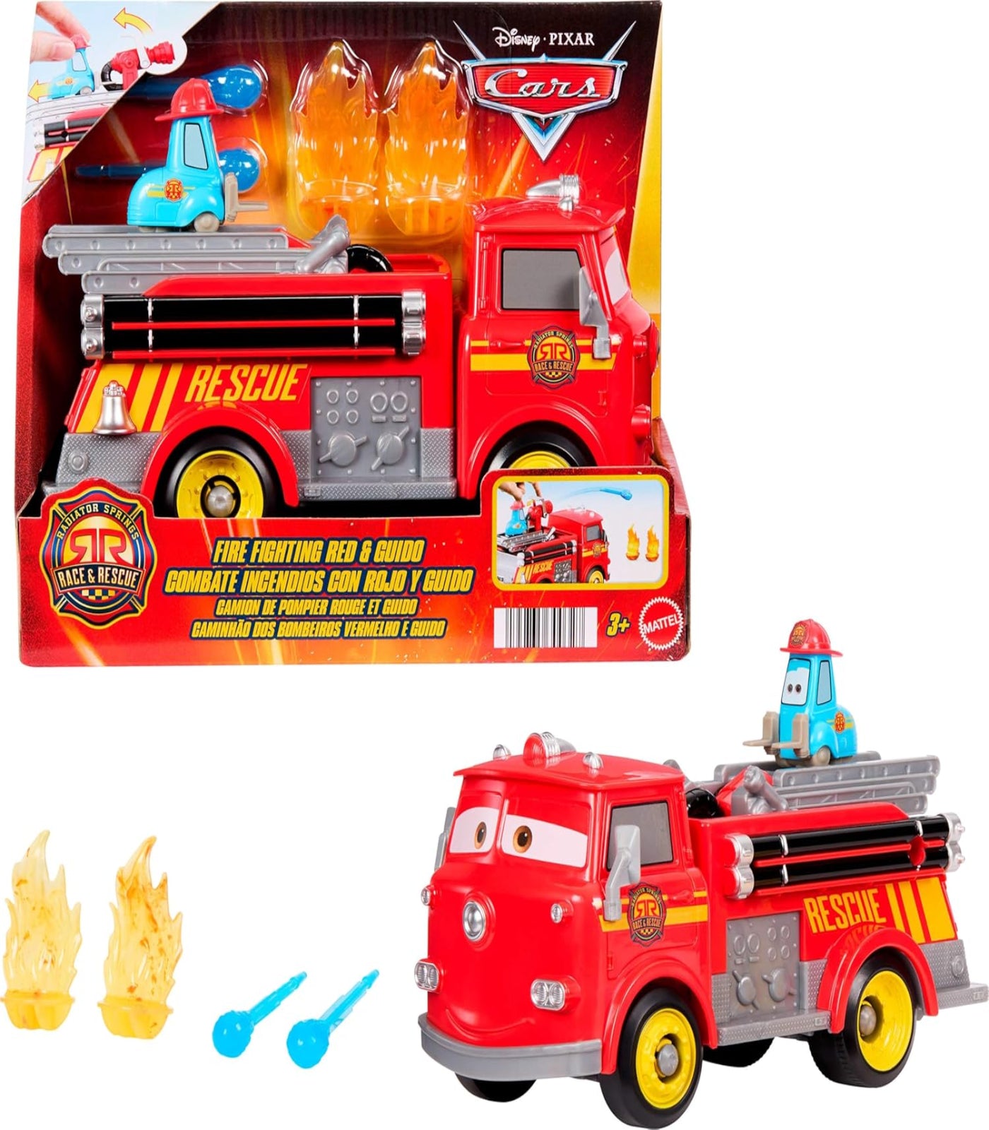 Mattel Disney and Pixar Cars Toy Firetruck, Radiator Springs Race & Rescue Fire Fighting Red & Guido