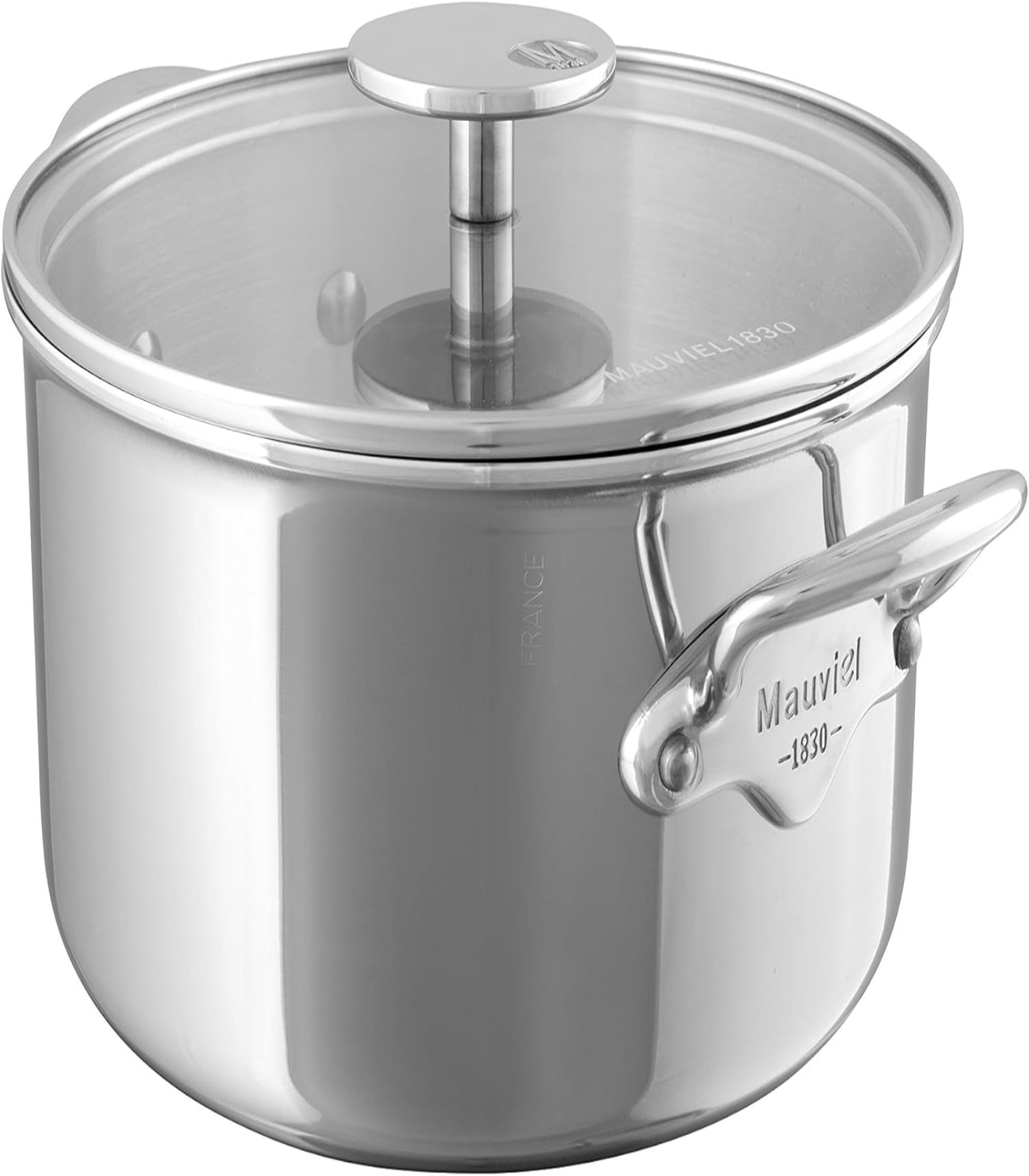 Stainless steel pot with lid and handle on a white background, featuring Mauviel branding.
