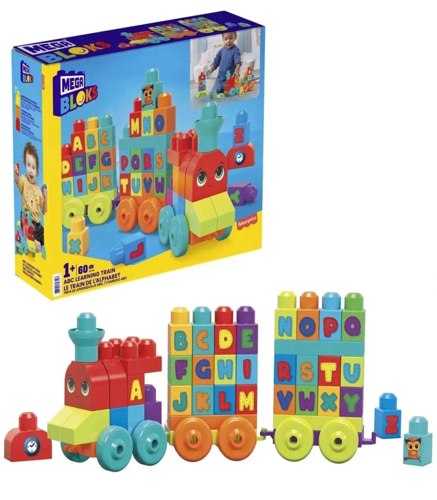 Mega Bloks ABC Alphabet Train toy set with colorful blocks and train design on a white background