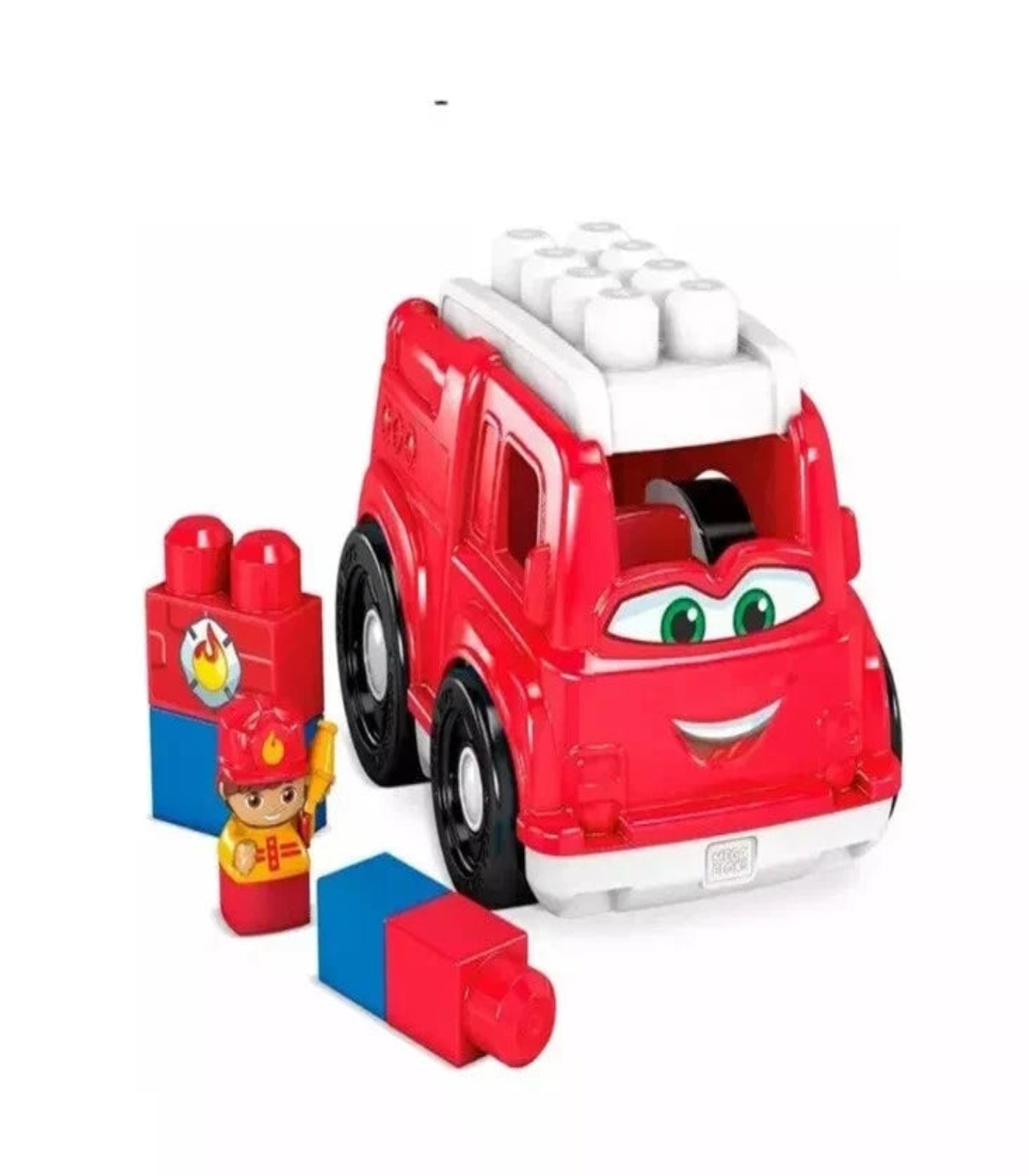 Toy fire truck and firefighter figure on a white background