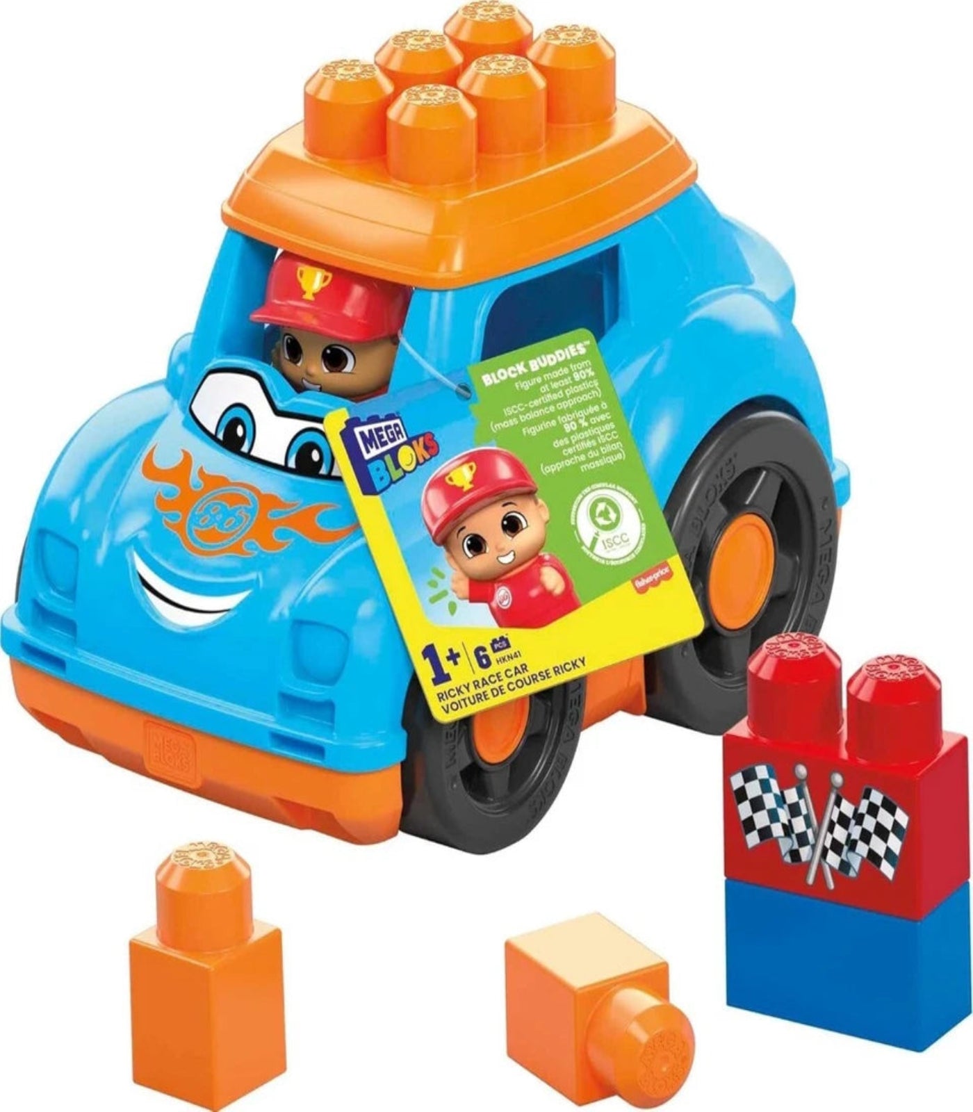 Toy car with building blocks and character figure on a white background