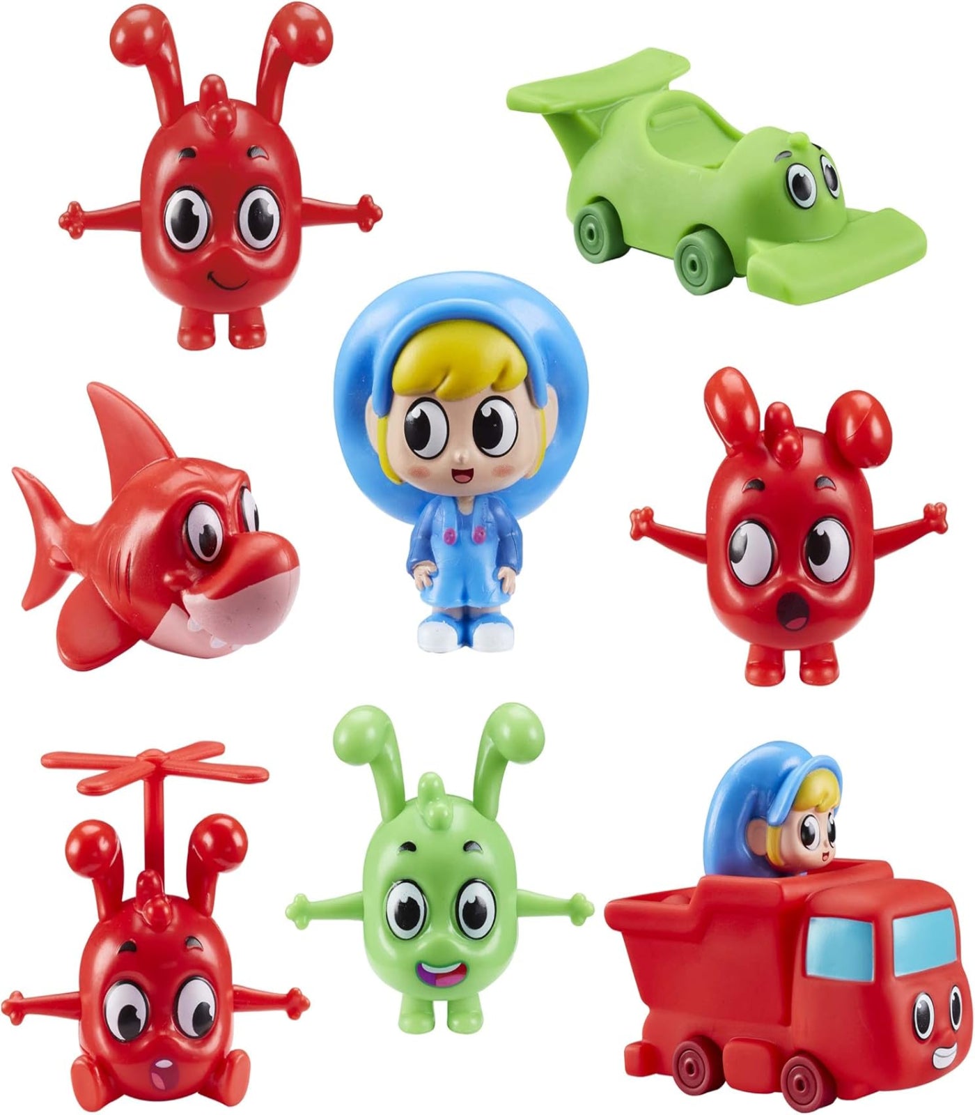Set of colorful toy figures including a red creature, green car, blue character, and more on a white background.