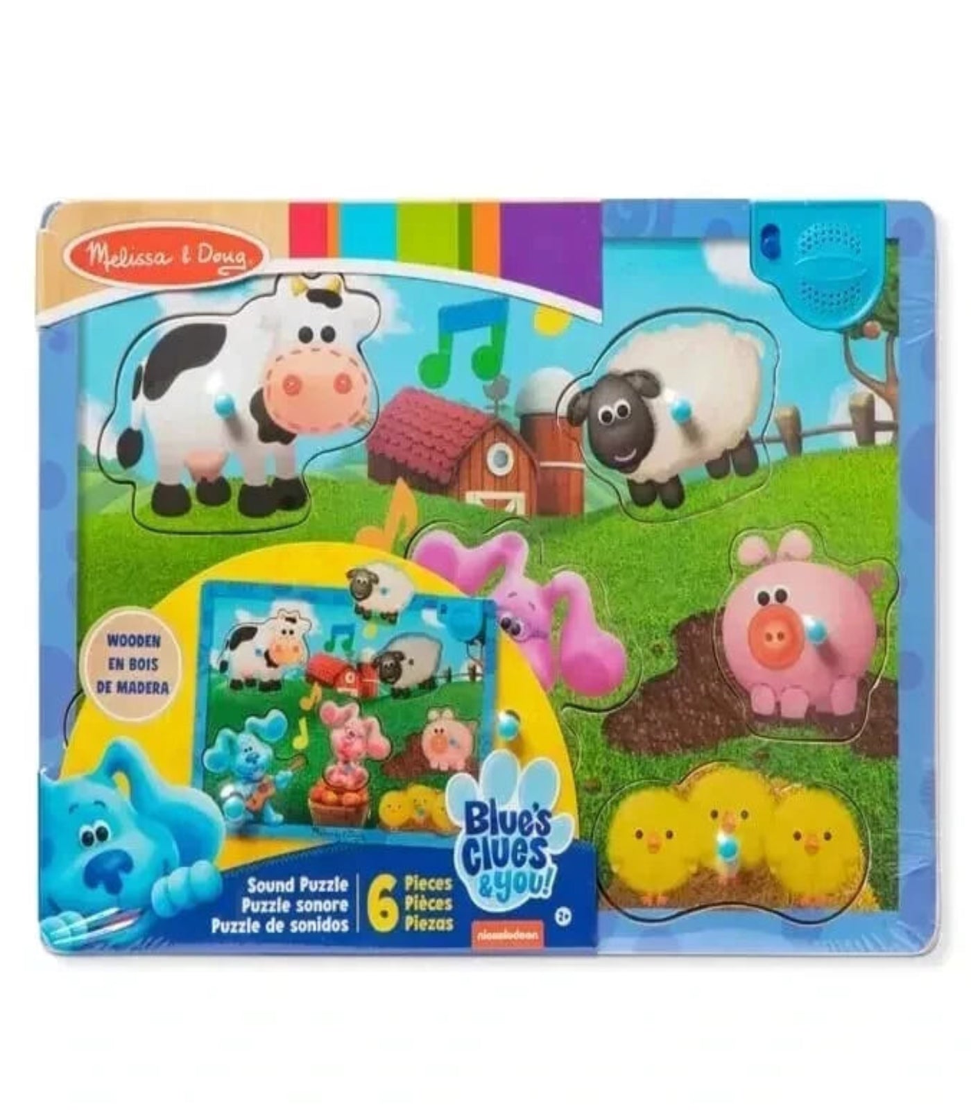 Melissa & Doug farm-themed sound puzzle packaging with colorful illustrations of animals and Blue's Clues branding.
