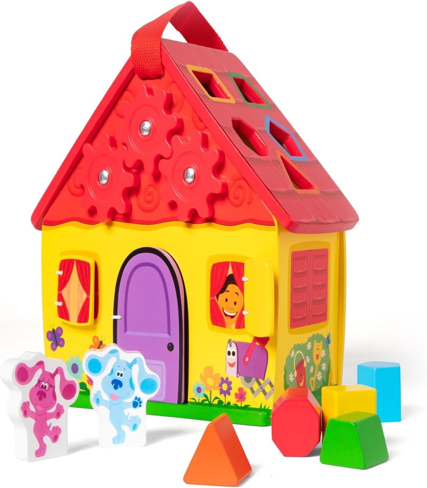 Colorful toy house with character windows and geometric shapes on a white background