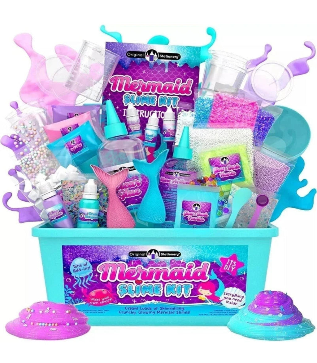 Mermaid slime kit with various slime-making items and packaging on a white background