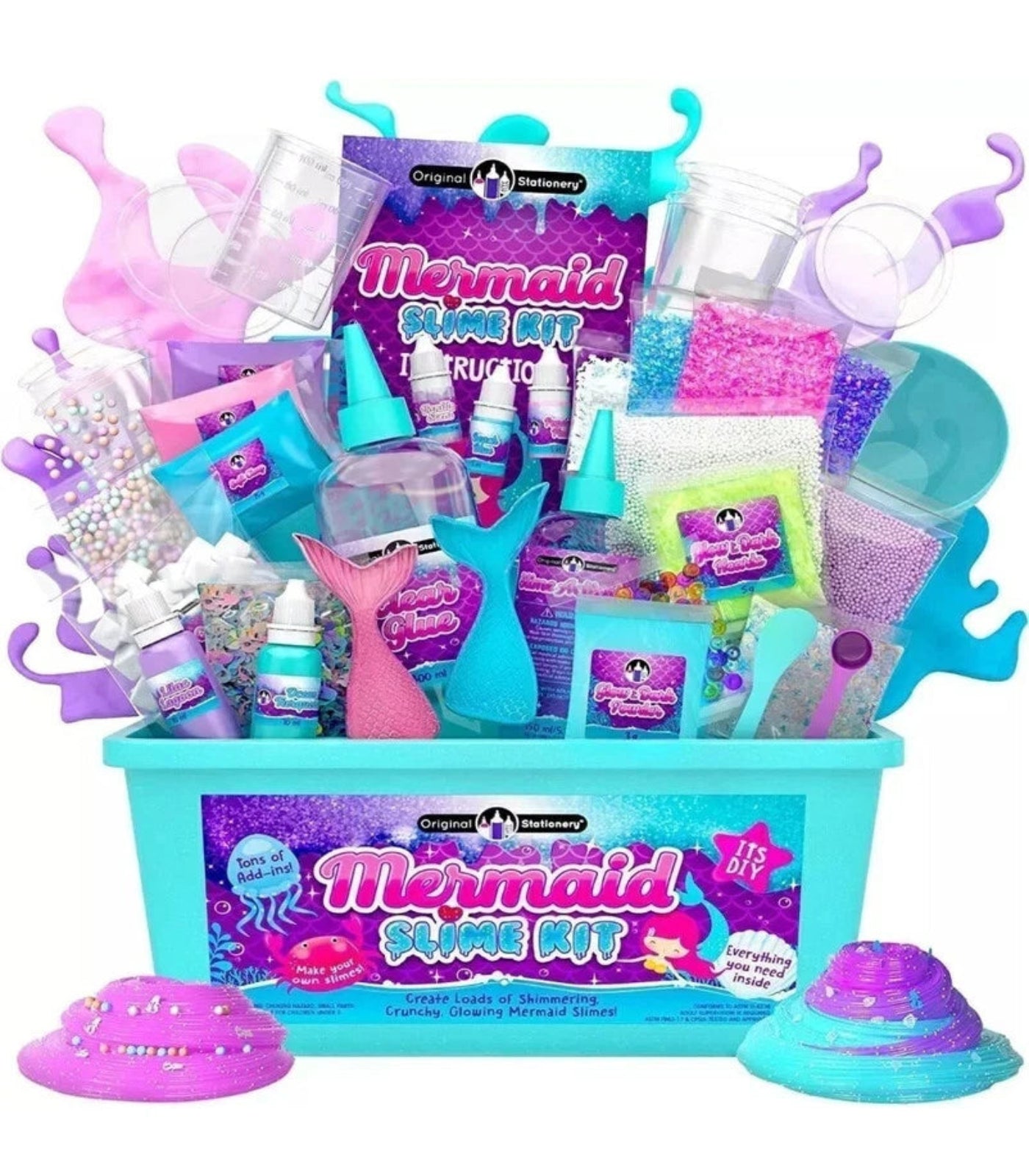 Mermaid slime kit with various slime-making items and packaging on a white background