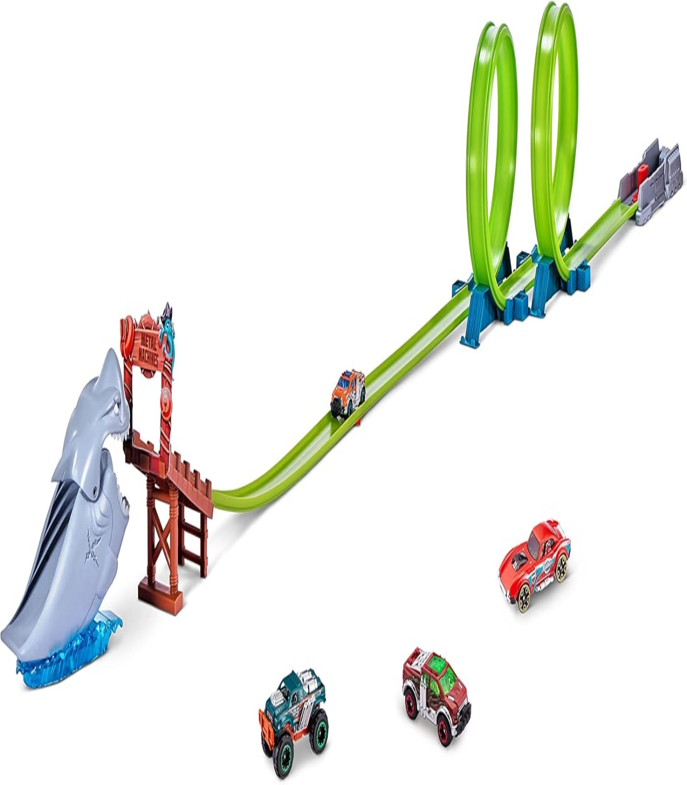 Toy car track set with cars and a bridge on a white background