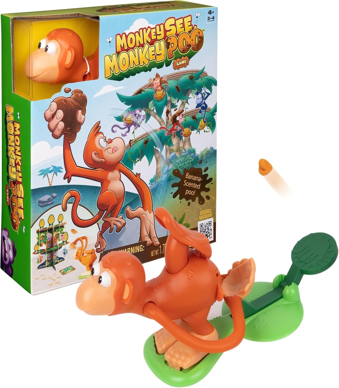 Toy monkey with banana and packaging featuring cartoon monkeys and trees
