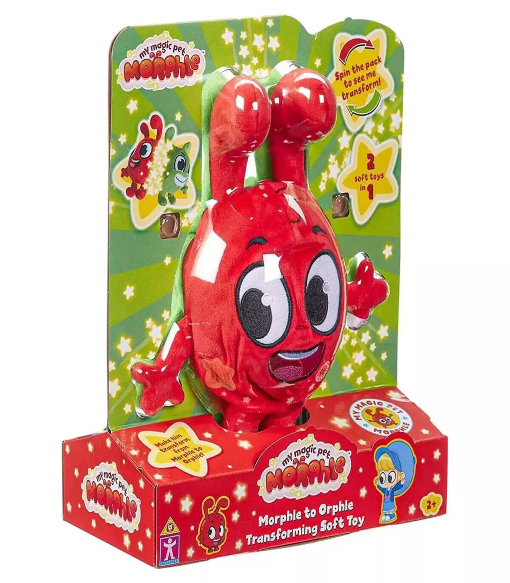 Red transforming soft toy in packaging with 'Morphle' branding on a white background
