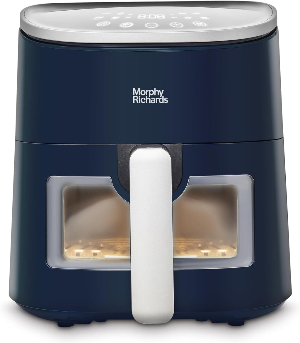 Navy blue Morphy Richards air fryer on a white background