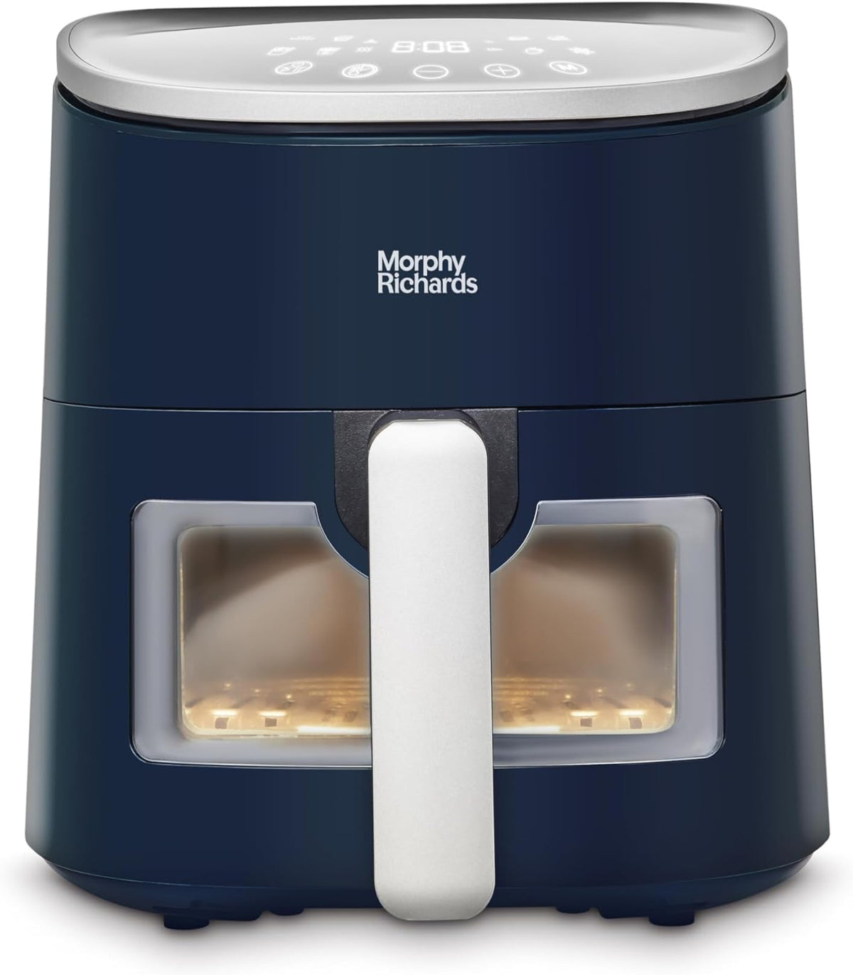 Navy blue Morphy Richards air fryer on a white background