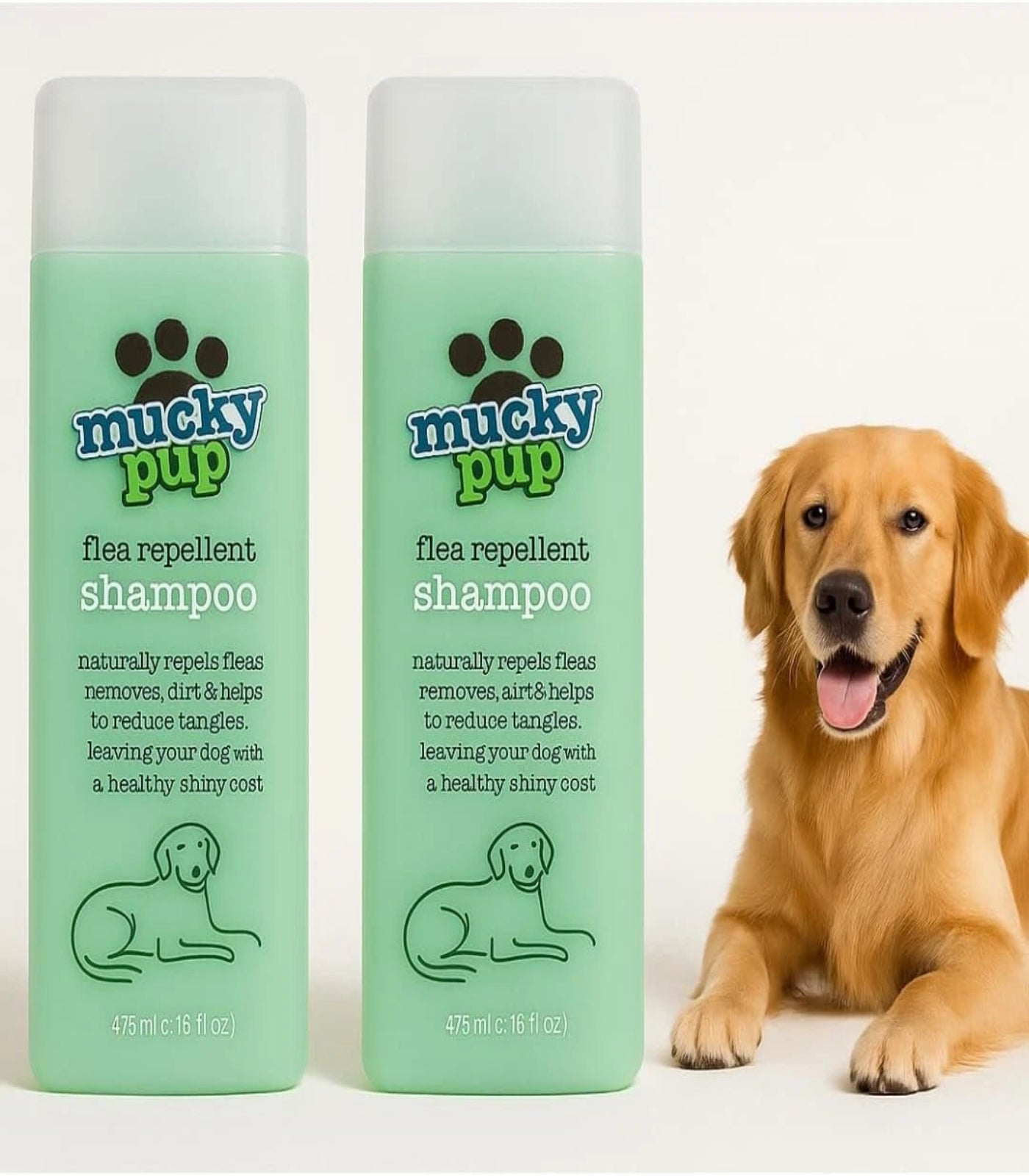 Two bottles of Mucky Pup flea repellent shampoo with a dog sitting next to them on a white background.