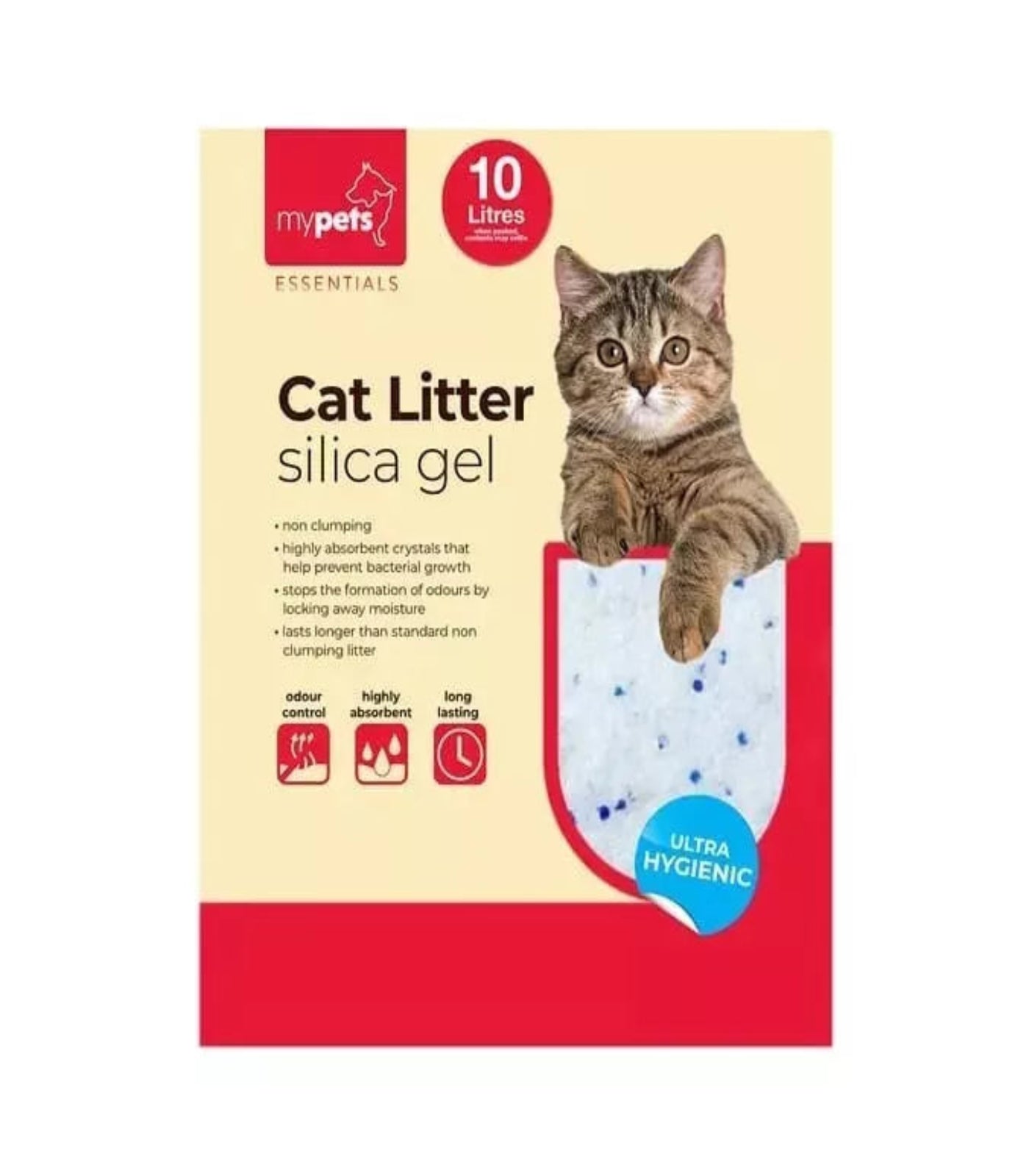 Cat litter silica gel package with a cat on the front, featuring the mypets brand.