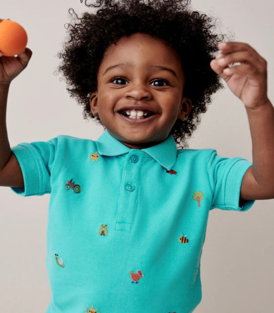 NEXT Blue All Over 100% Cotton Embroidered Short Sleeve Polo Shirt Size 2-3 Years
