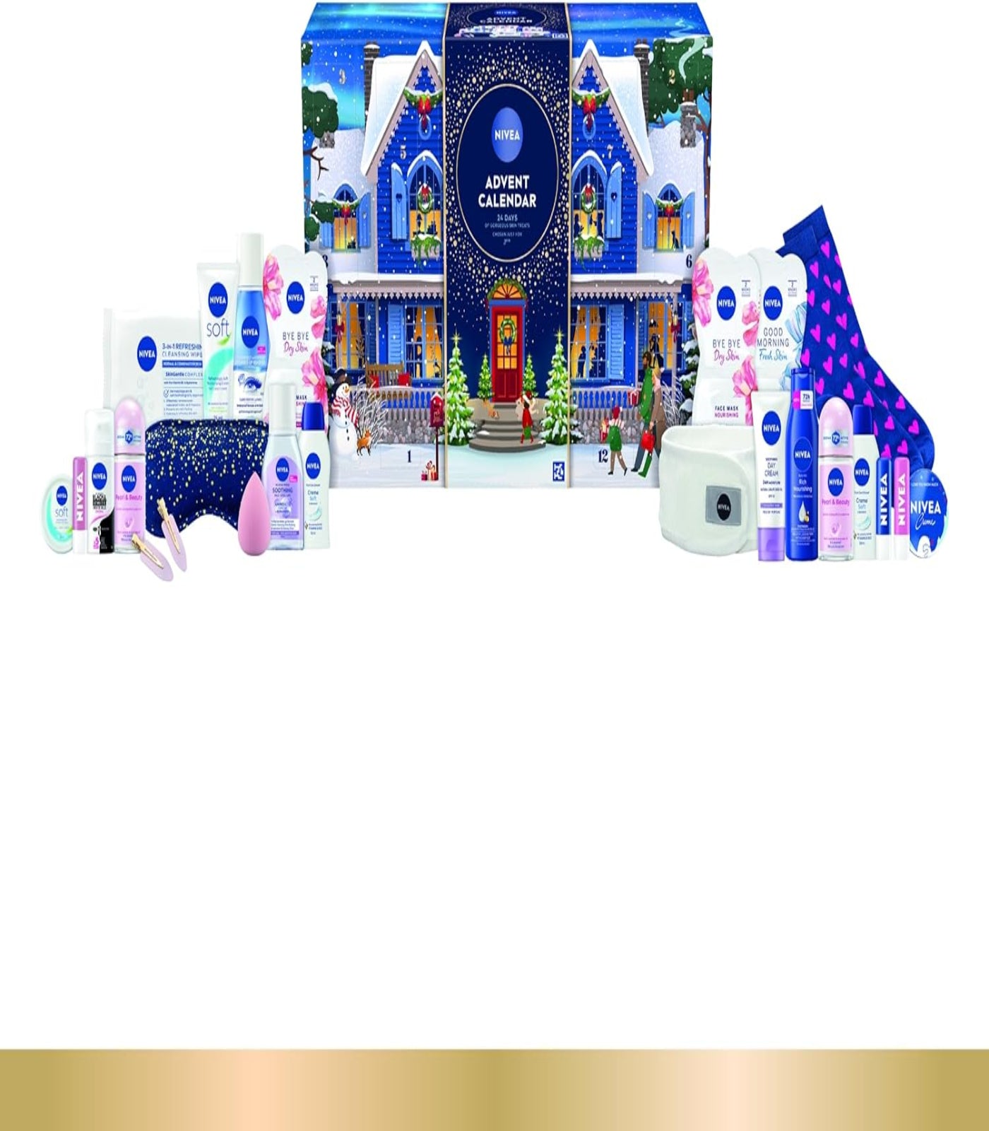 Nivea advent calendar with various skincare products on a white background