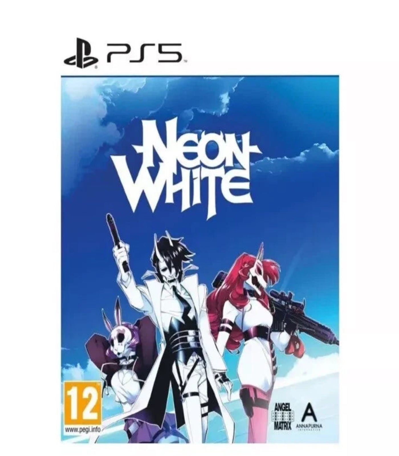Game cover for 'Neon White' with characters and PS5 logo