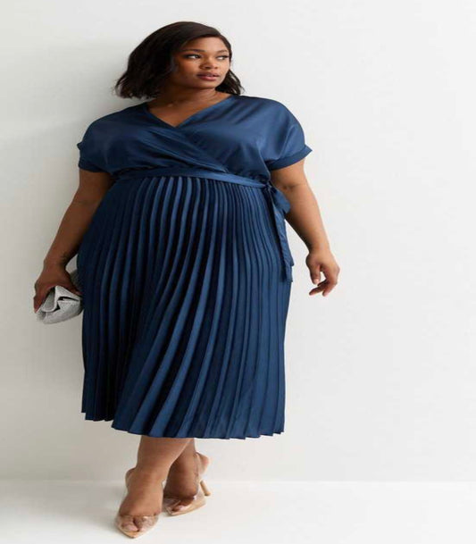 New Look Curves Navy Satin Pleated Wrap Midi Dress Size 24 RRP £39.99