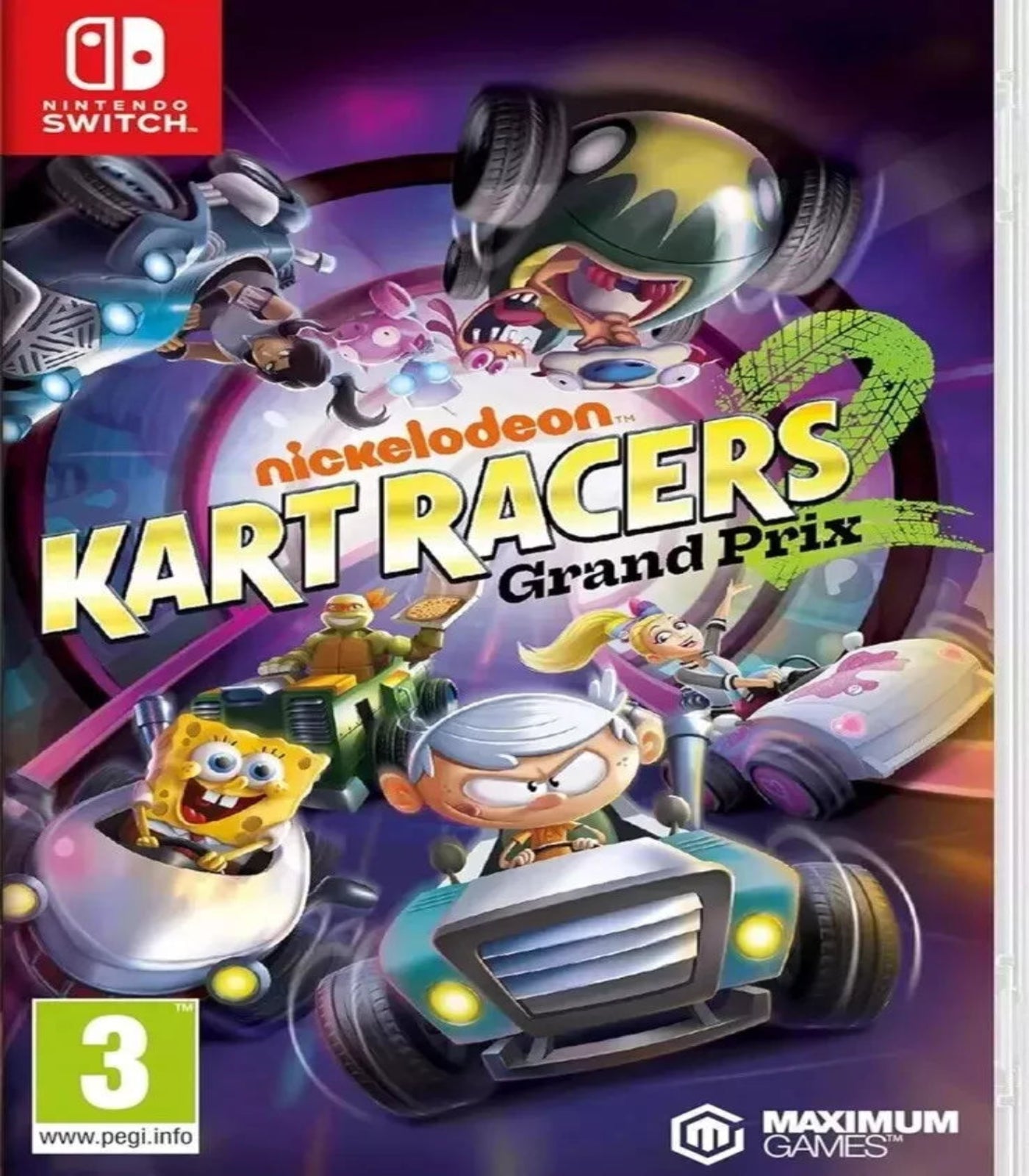 Cover of 'Nickelodeon Kart Racers 2 Grand Prix' for Nintendo Switch with colorful racers and game title.