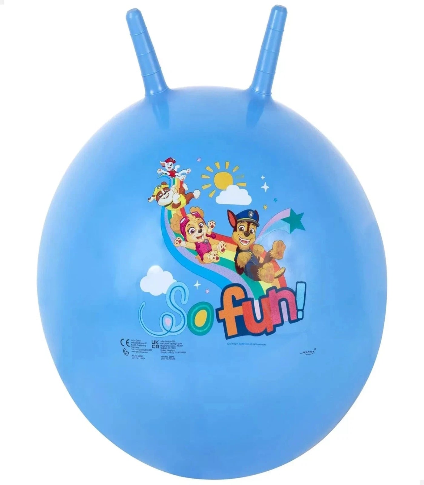 Blue inflatable jump ball with cartoon characters and 'So fun!' text on a white background