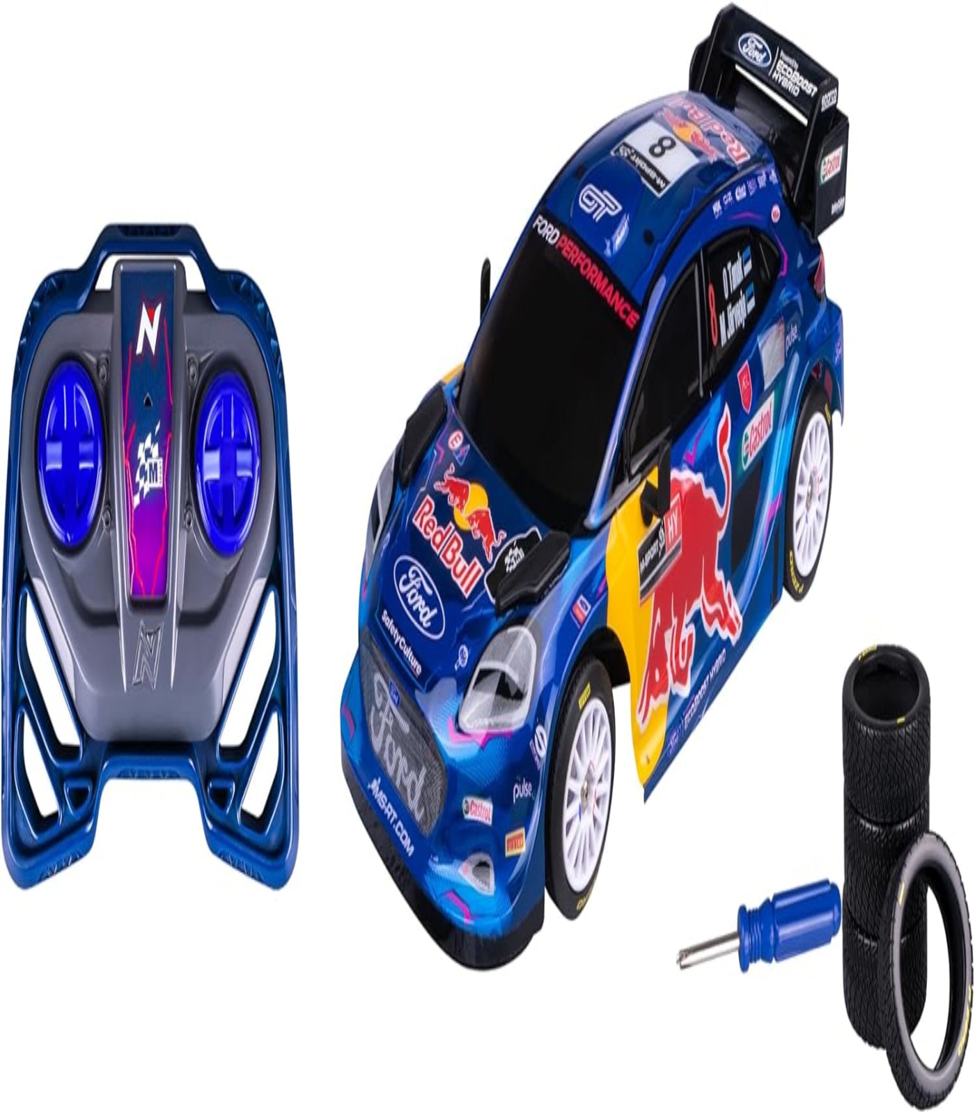 Remote control car with Red Bull branding and accessories on a white background
