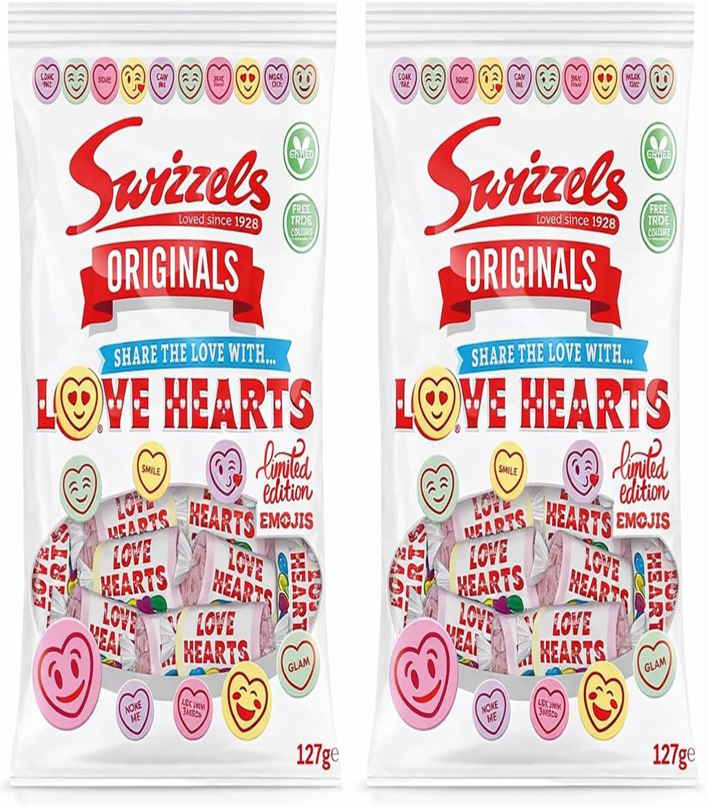 Originals Love Hearts Sweets 2 Pack (127g Each) – Classic Retro Candy Rolls, Share Size Bags